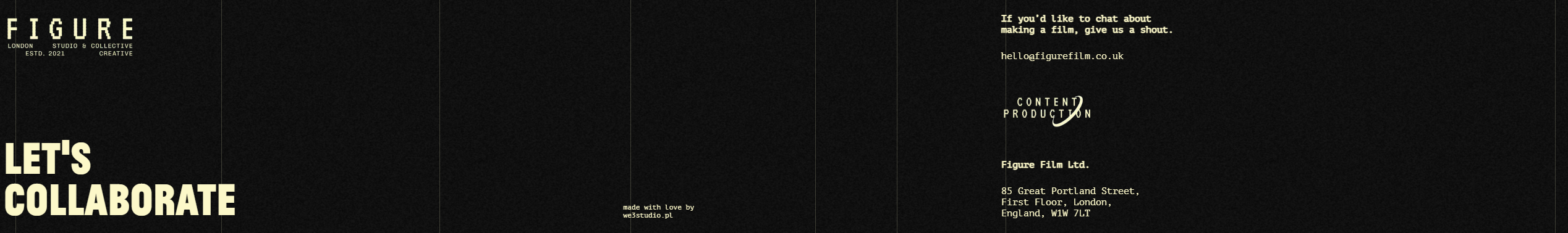 Dark textured background with a large bold headline on the left reading LET'S COLLABORATE; small logo and contact text appear in the upper left and lower right areas.