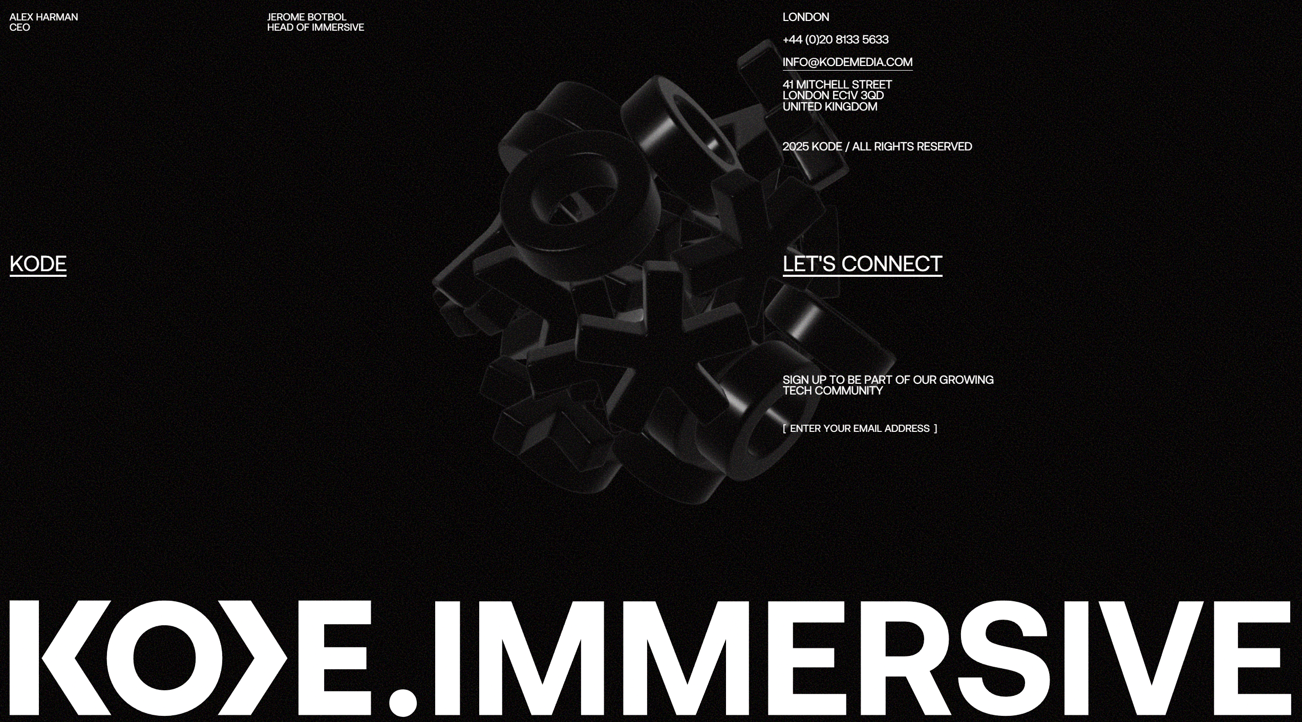 Dark website footer with large centered 3D black geometric logo and white contact text aligned to the right and left.