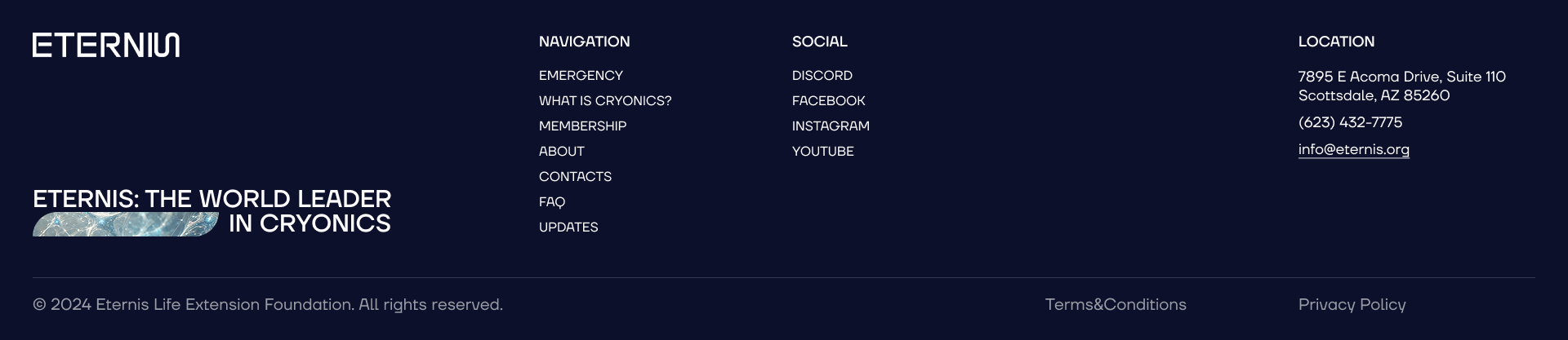Footer section with navigation columns and contact information on a dark navy background; a logo on the left and a graphic banner showing a wave pattern.