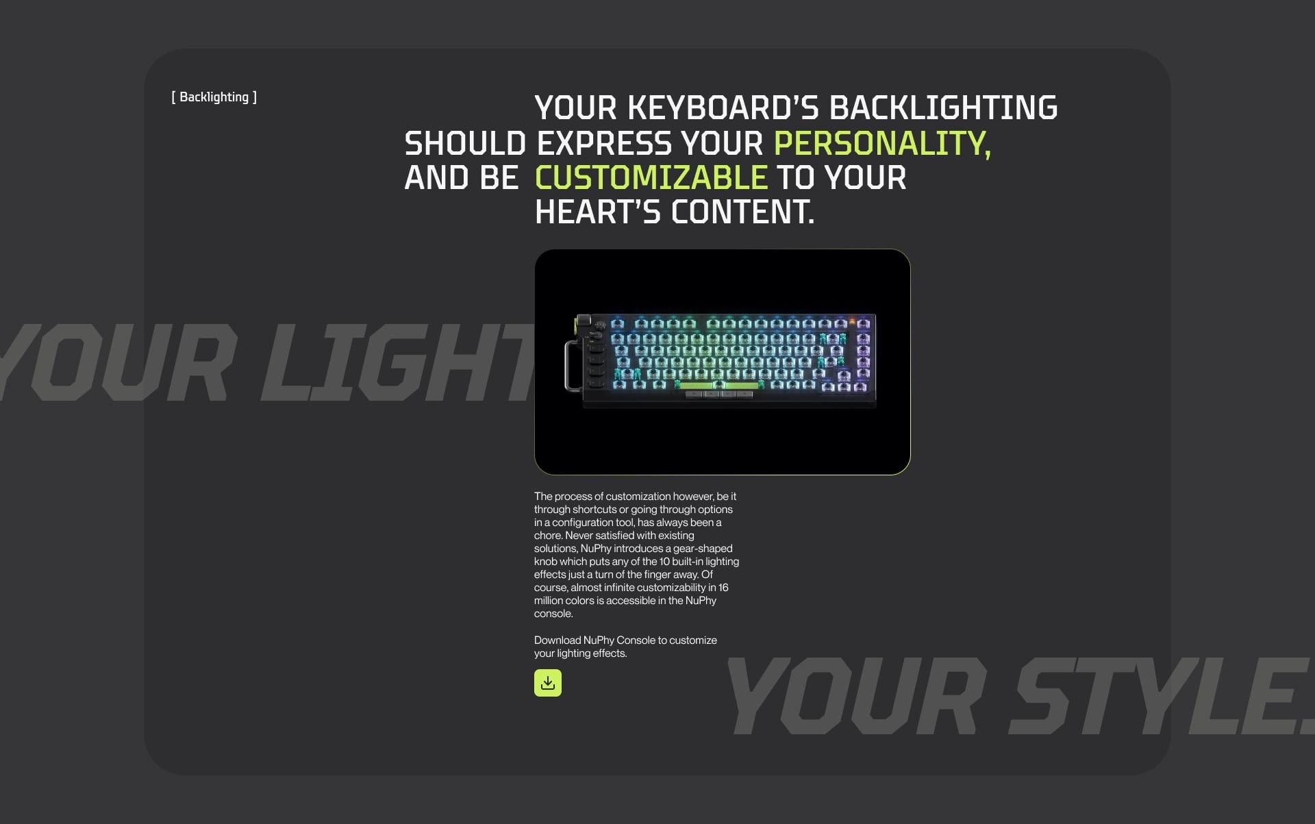 A dark webpage layout with rounded card containing bold white typography and a rainbow-lit keyboard image centered on the card.