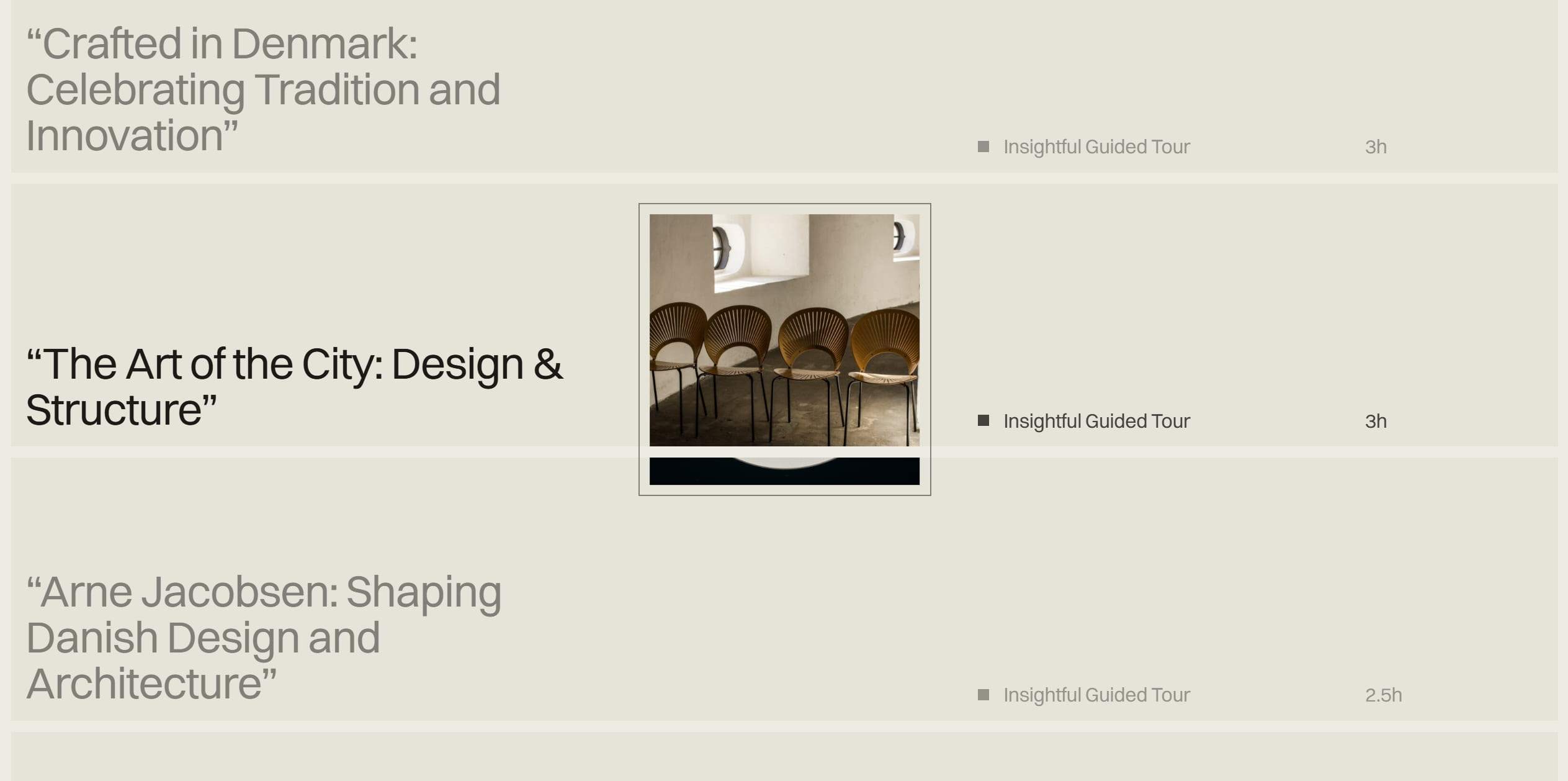 A gallery layout showing two large title blocks with beige backgrounds and a centered square image of curved wooden chairs between them.