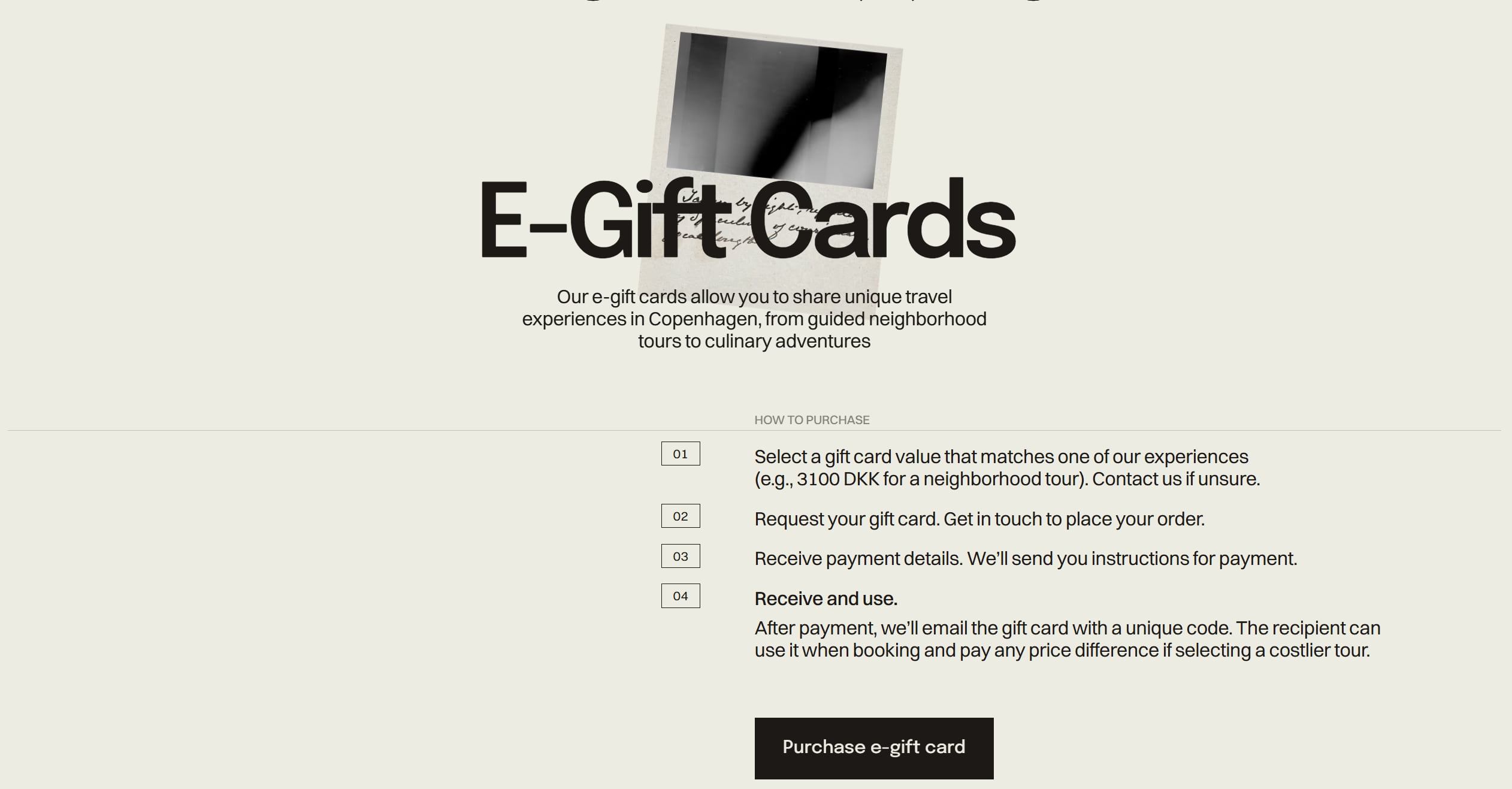 Webpage hero for e-gift cards with headline and photo above it.
