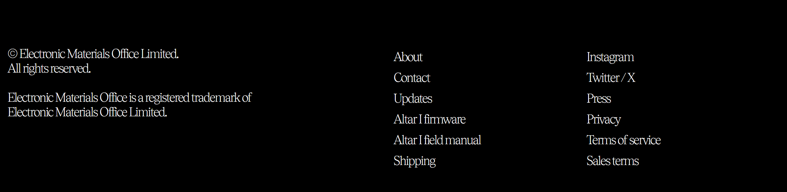 Dark website footer with three narrow columns of white serif text listing copyright, trademark notice, and navigation links on a black background.