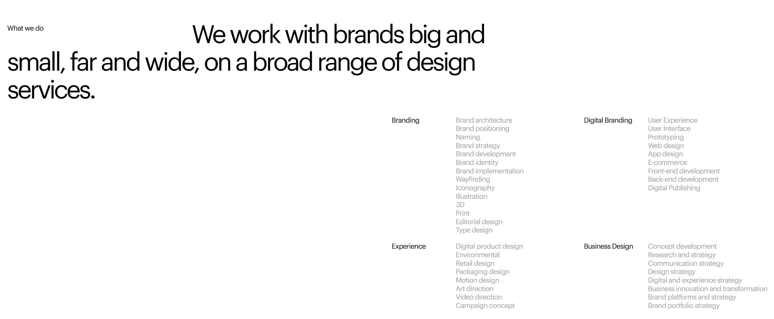 Large typography headline spans across the left and center, with a multi-column list of design categories fading into the background on the right side.