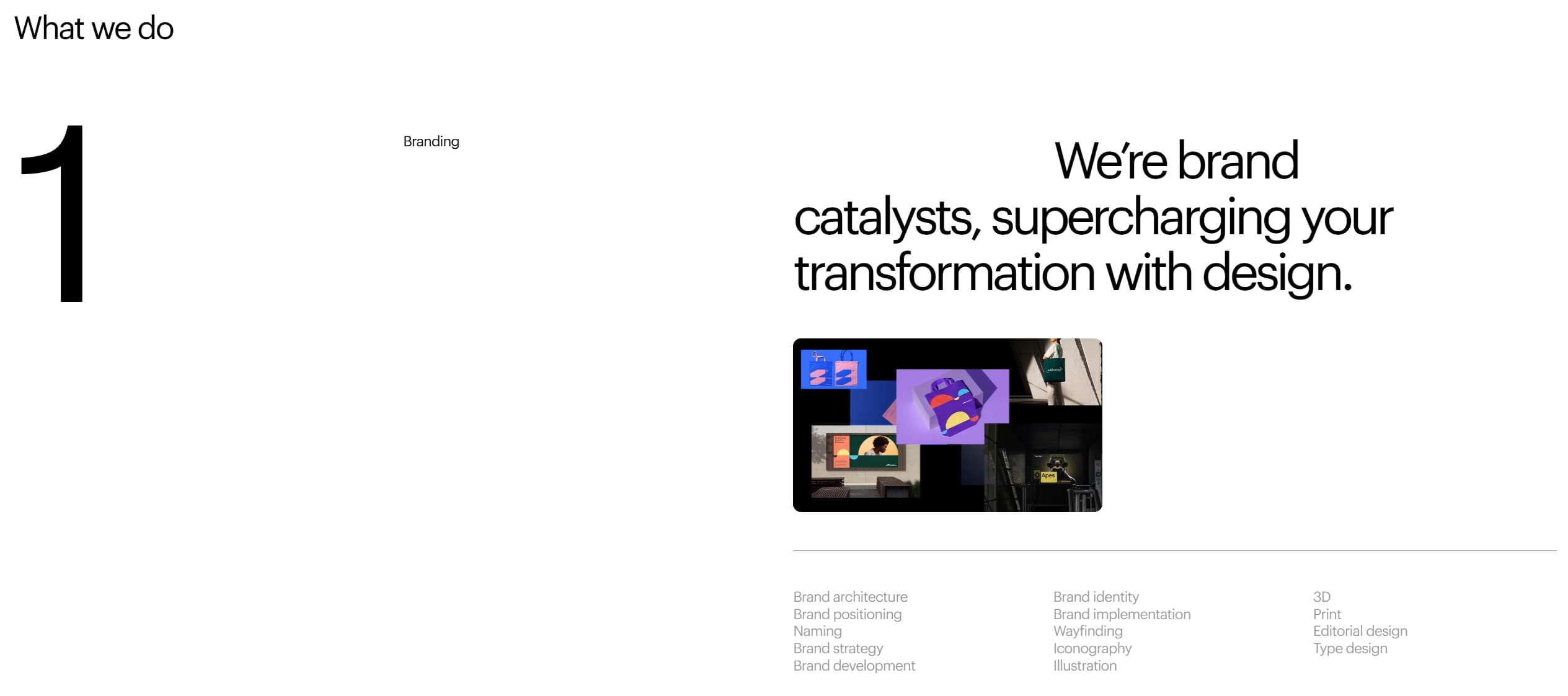 Minimal webpage layout with a large numeral one on the left and bold headline text on the right above a small photographic collage.
