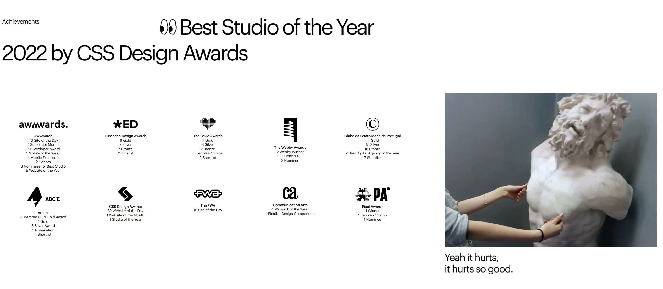 A broad gallery of award logos aligned in multiple rows on a white background with a large image on the right showing a person shaping a statue head.