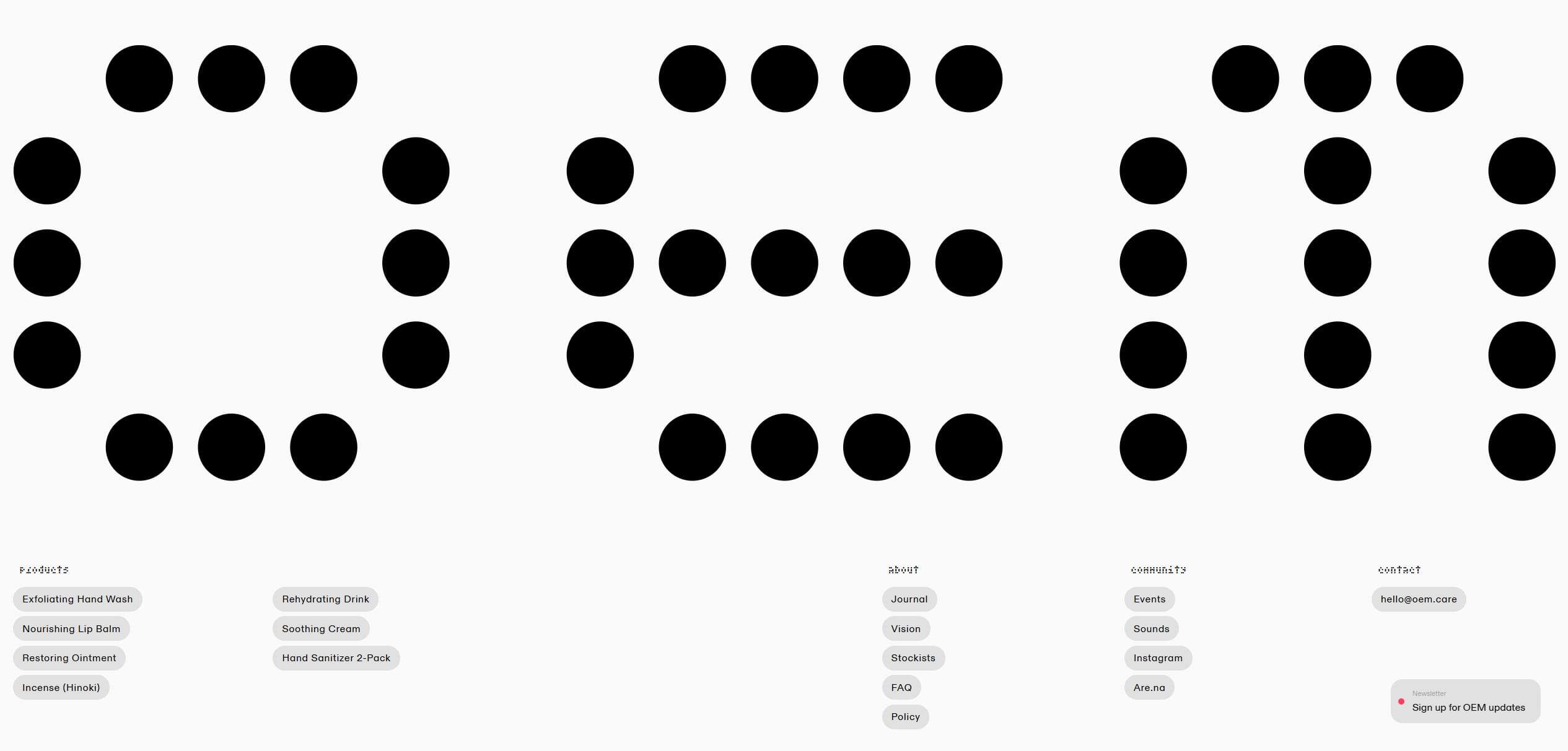 Minimal website layout showing large black dot patterns arranged in three columns over a pale background with small rounded navigation pill labels at the bottom.