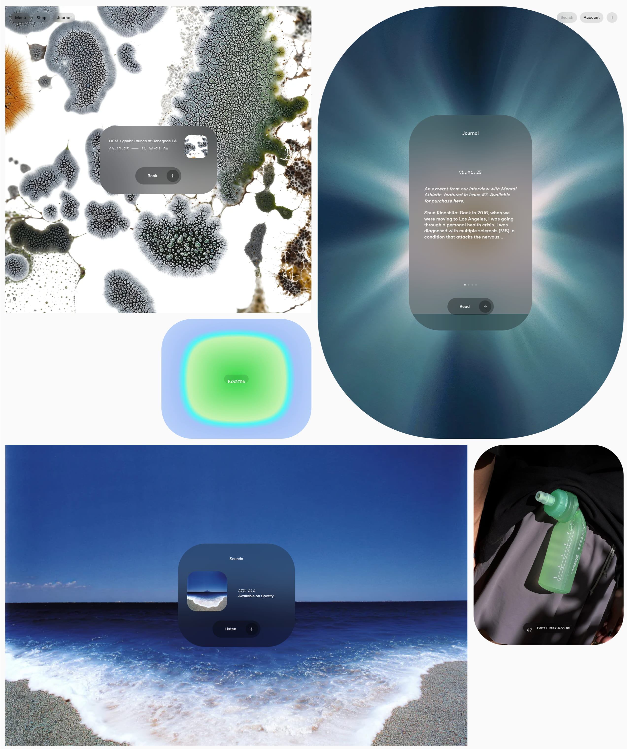 A collage of abstract textures and a shoreline image with rounded dark panels overlay containing text blocks and buttons.