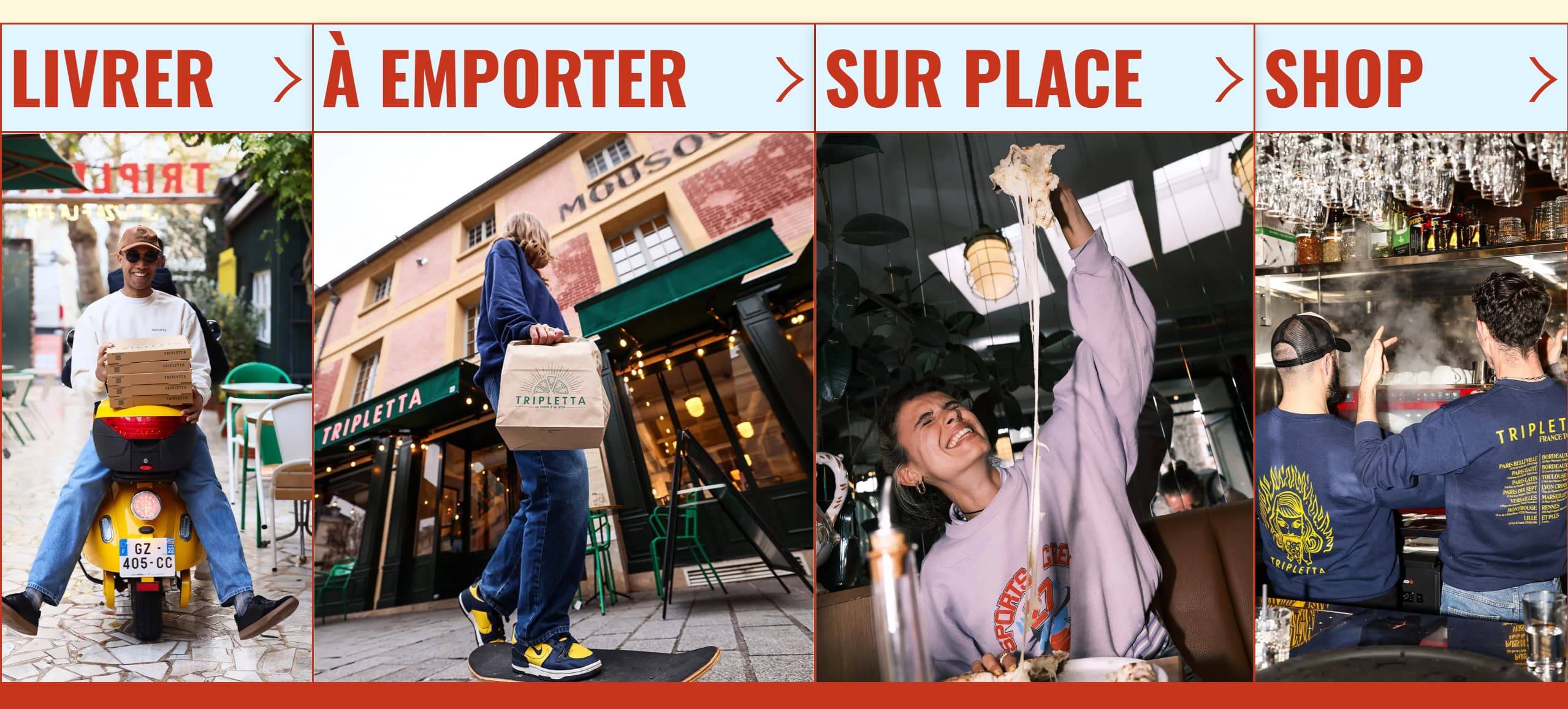 Four-panel restaurant service grid showing scooter delivery, curbside pickup, a customer pulling cheesy pizza, and two chefs in a kitchen.