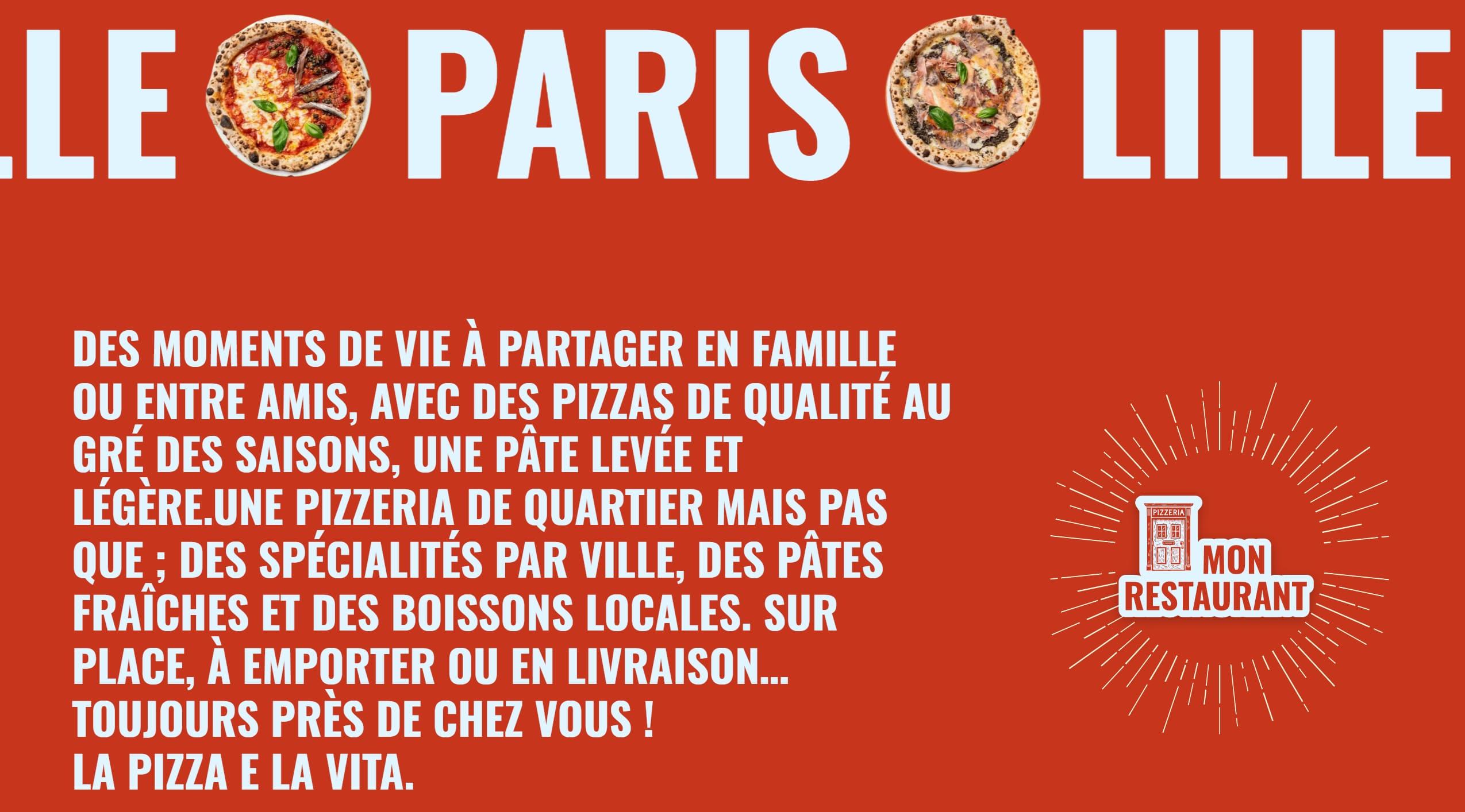 Bold white typography on a red background with scattered pizza images and a circular emblem on the right side.