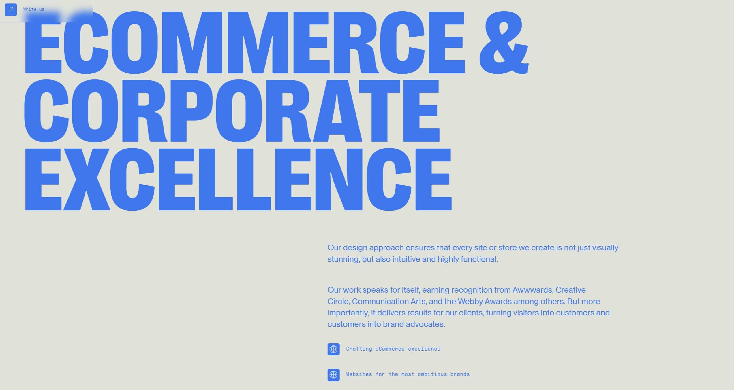 Large blue bold typography fills the left side with a light gray background and small blue paragraph text on the right.