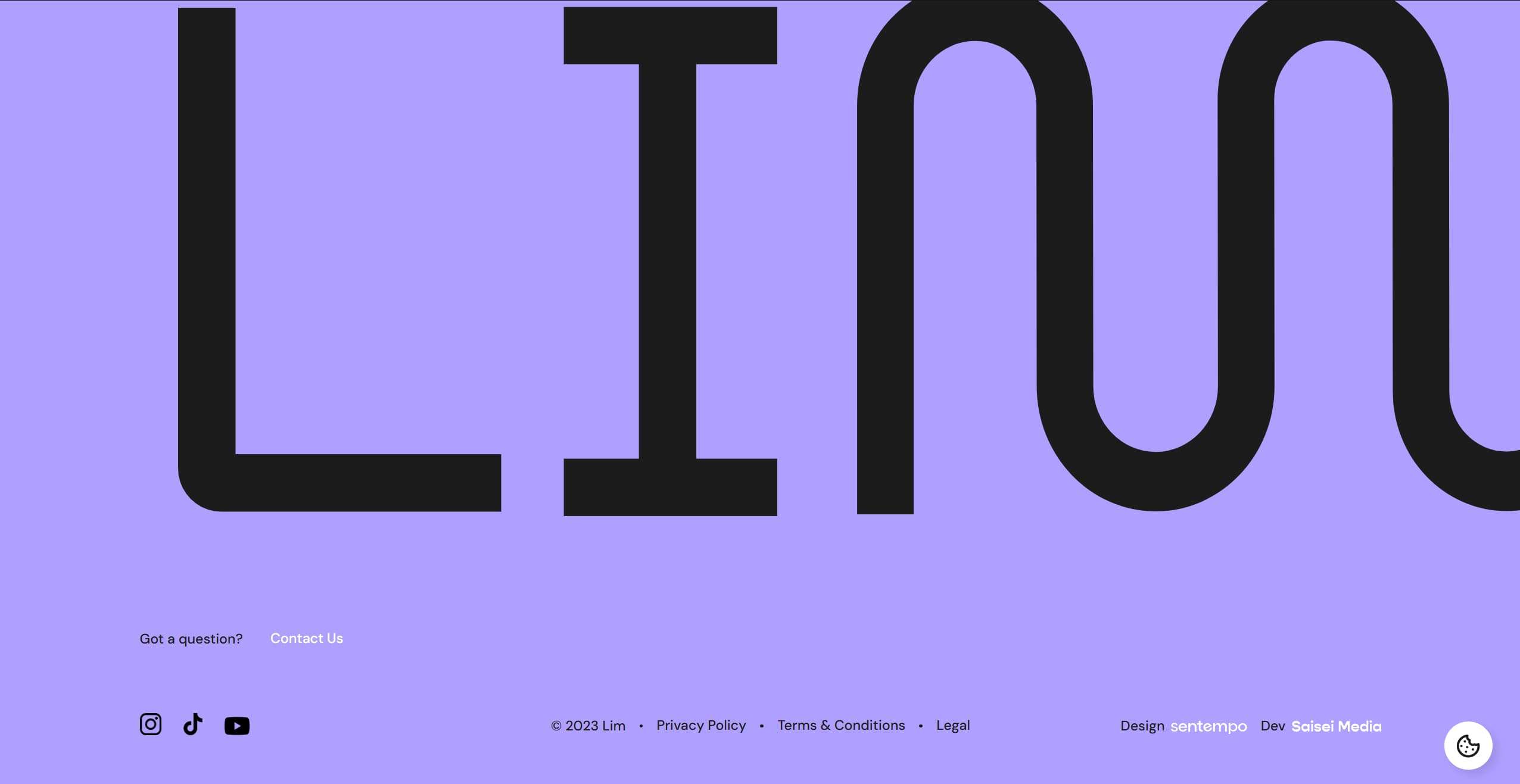 Wide purple webpage footer with oversized black letterforms cropped across the screen and small footer links and social icons along the bottom edge.