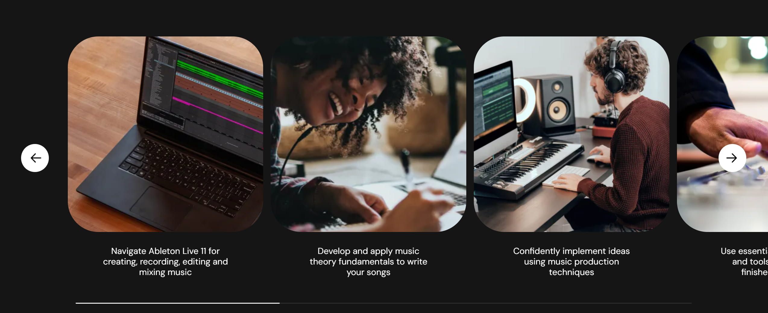 Horizontal carousel of rounded-rectangle photos showing music production scenes and circular navigation arrows on a dark background.