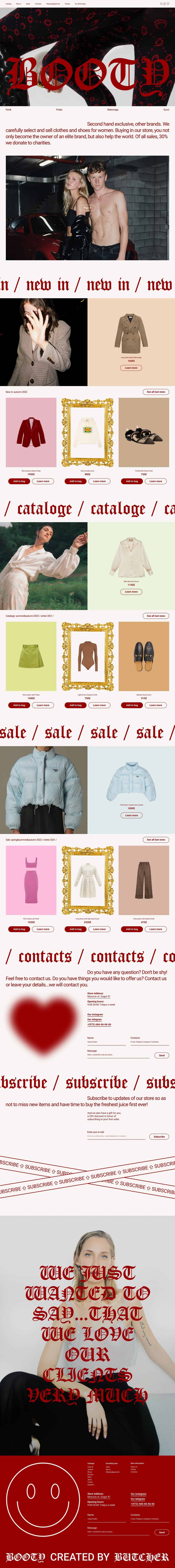 A vertical mockup of an ecommerce site with bold red typography, large homepage hero, fashion imagery, and product grids in a brutalist, high-contrast style.