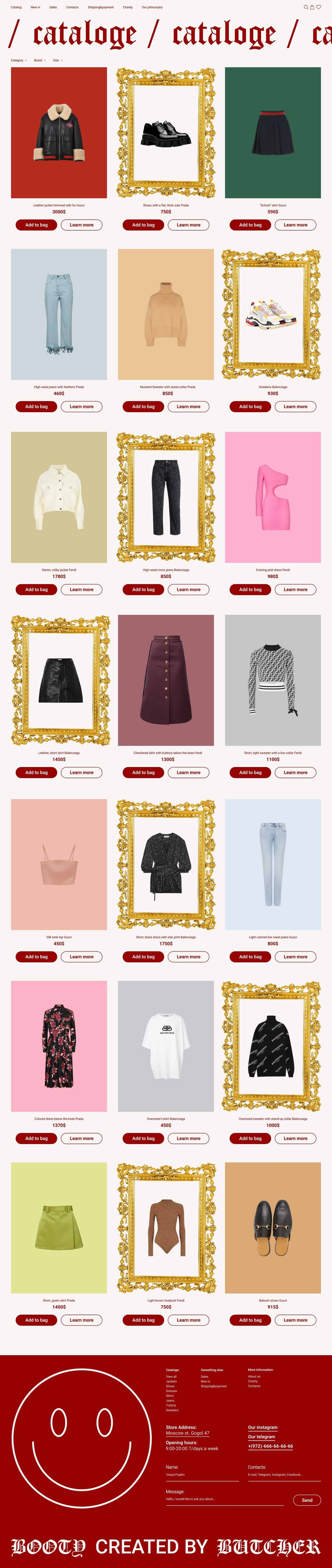 A grid of fashion product cards arranged in a gallery layout with ornate gold frames surrounding several product images on a two-tone background.