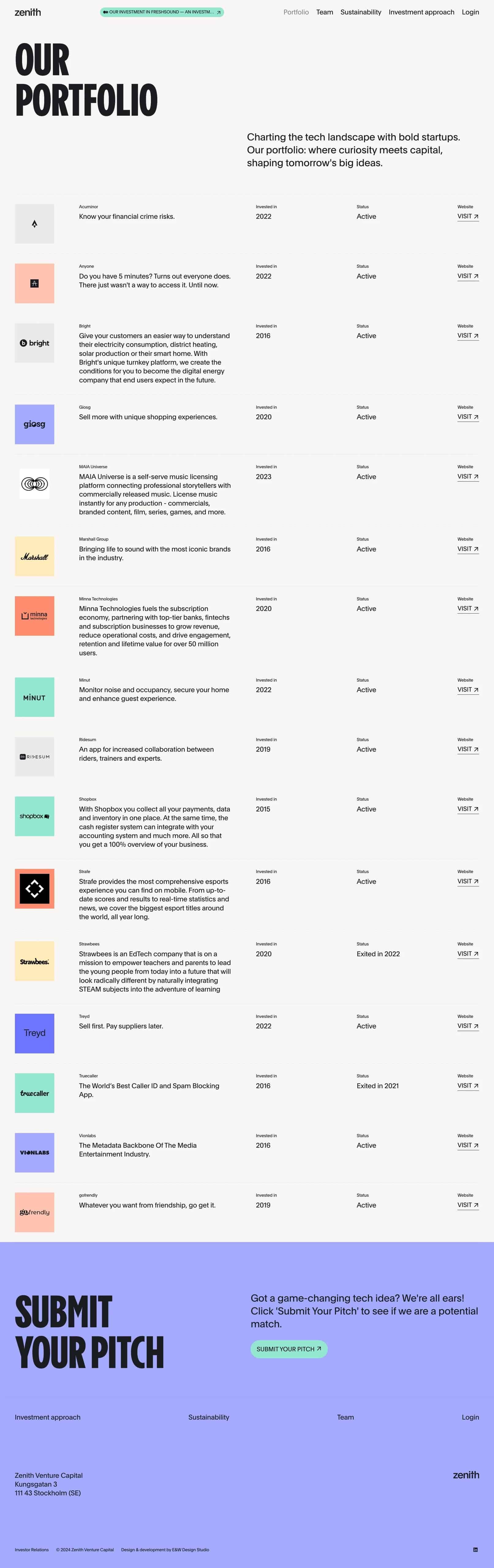 Two-column venture capital portfolio webpage with company cards and logos on the right column.