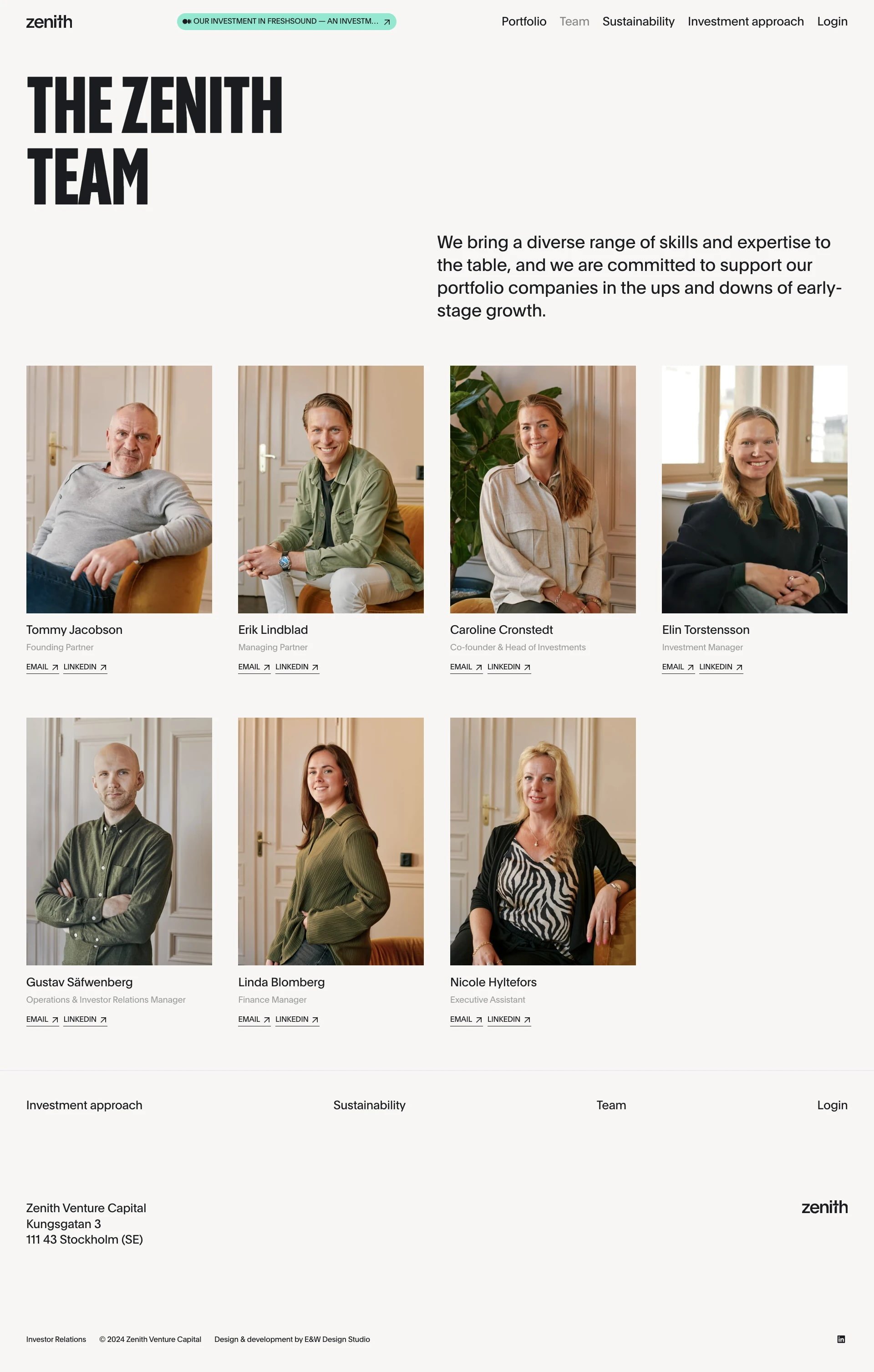 Company team page with large stacked headline on the left, mission paragraph on the right, and a grid of portrait photos with names and roles below each image.