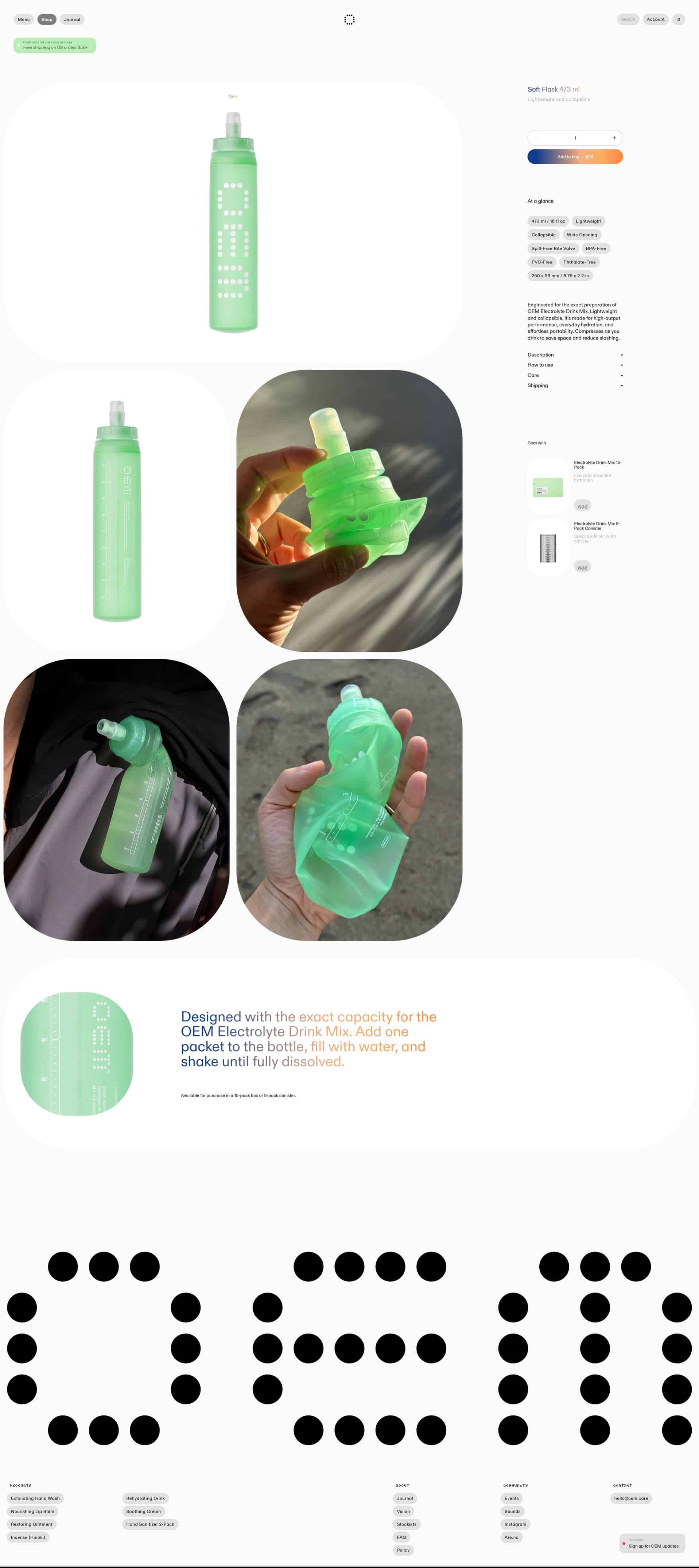 A grid of rounded, pale-green bottles displayed in various orientations within a light, airy product page layout.