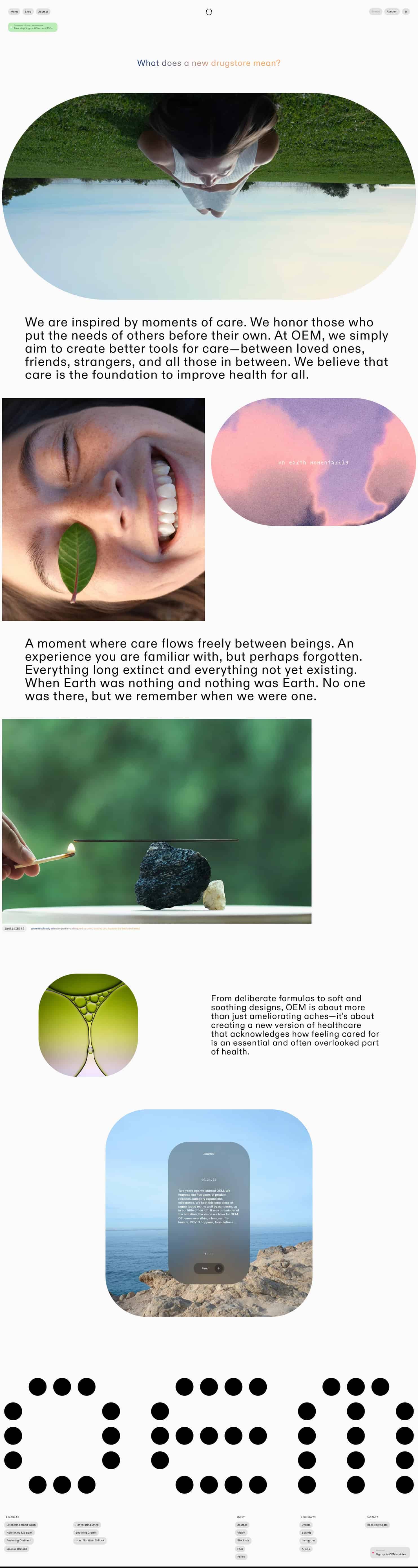 Long single-column product site layout with rounded image blocks, descriptive paragraphs, and dot-matrix logo at the bottom.