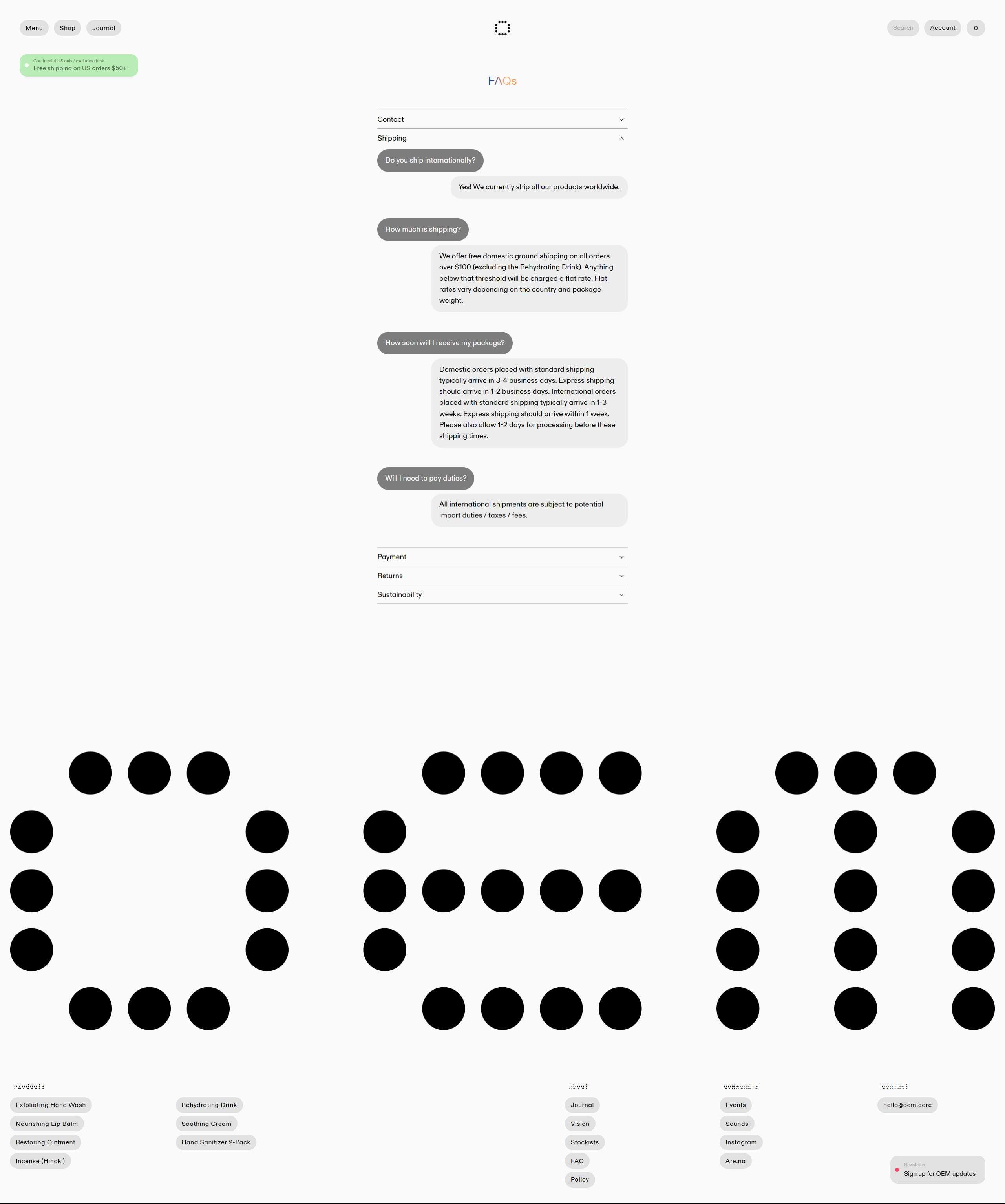 FAQ section with dropdowns and chat-like bubbles on a light page, a dotted grid pattern appears at the top, and product links scattered at the bottom.