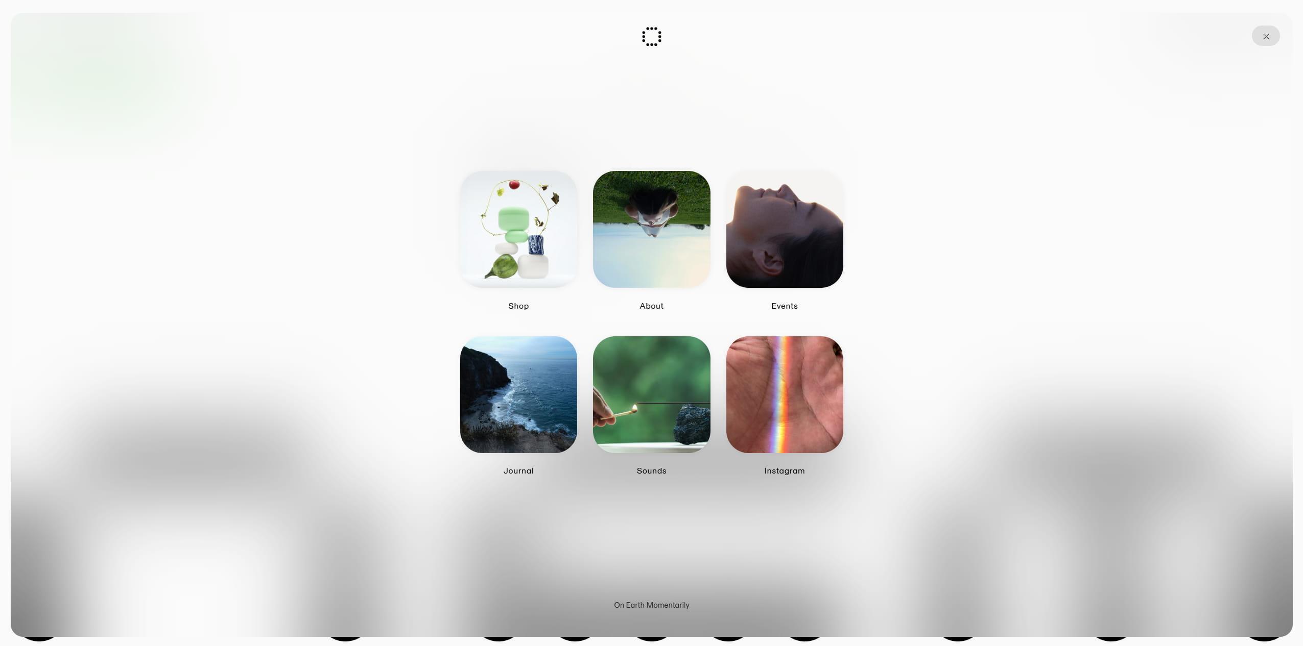 A grid of rounded-square image cards in a soft, airy layout with labels Shop, About, Events, Journal, Sounds, and Instagram beneath each tile.
