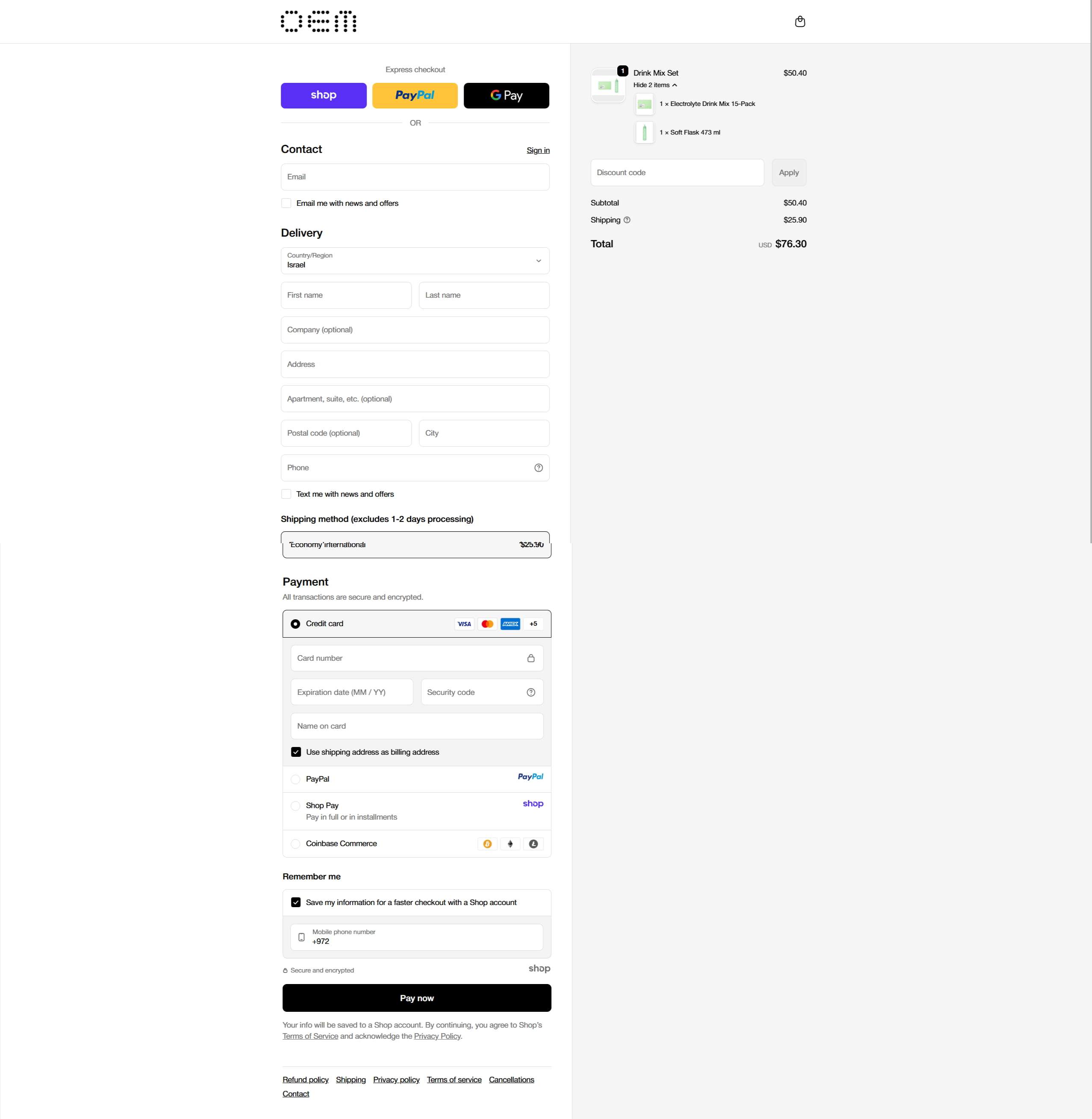 Checkout form on a minimalist ecommerce site with multiple payment options and a right side order summary showing items and totals.