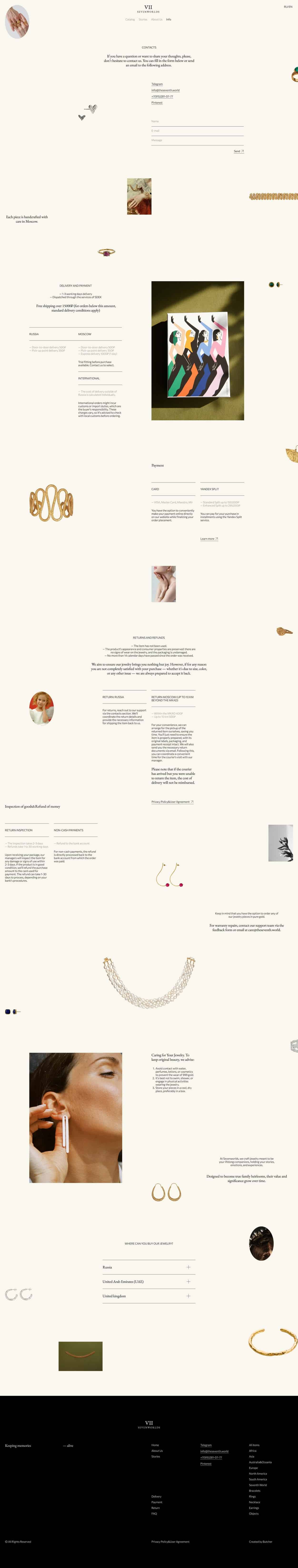 Minimal e-commerce site layout with pale background showing column of product images, jewelry details, and contact form elements.