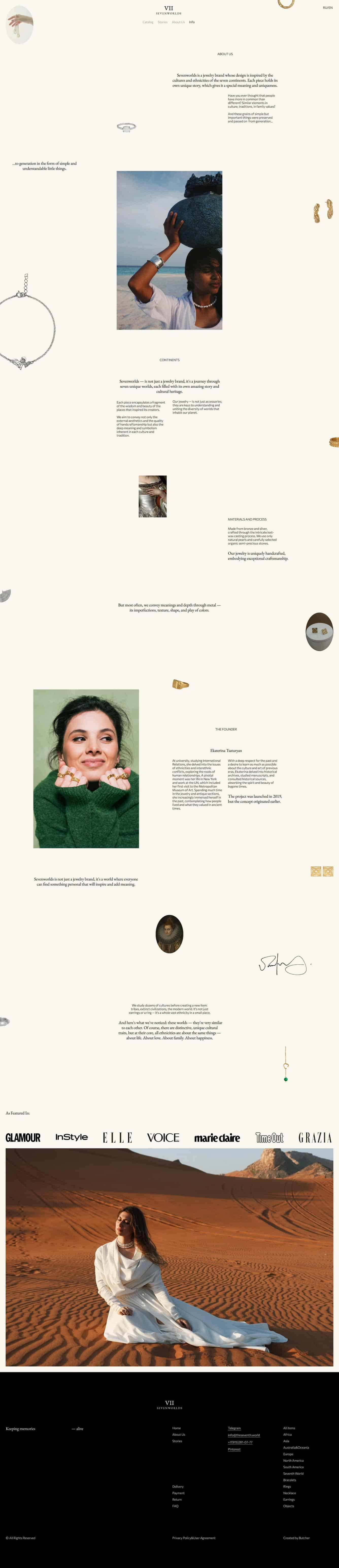 A vertical collage page showing jewelry, fashion photography, and text blocks on a light cream background with scattered decorative elements and images interspersed.