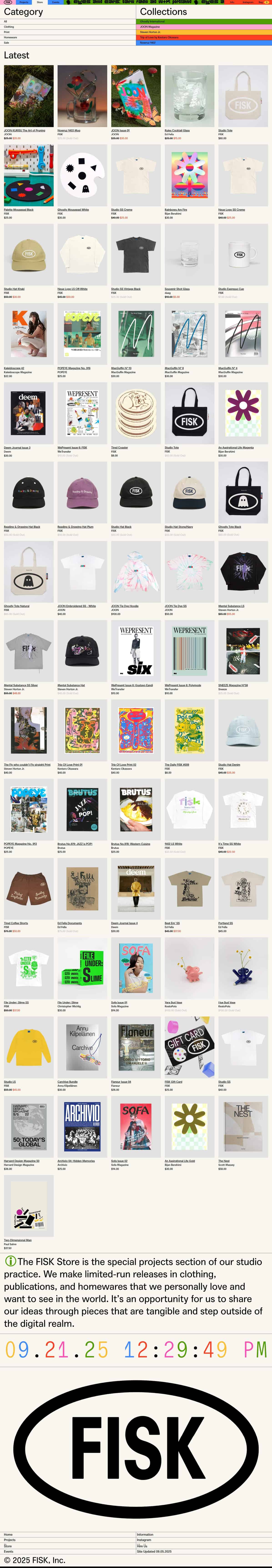 A collection grid of apparel and merchandise items including t-shirts, hats, tote bags, and posters arranged in a large catalog page with thumbnails.