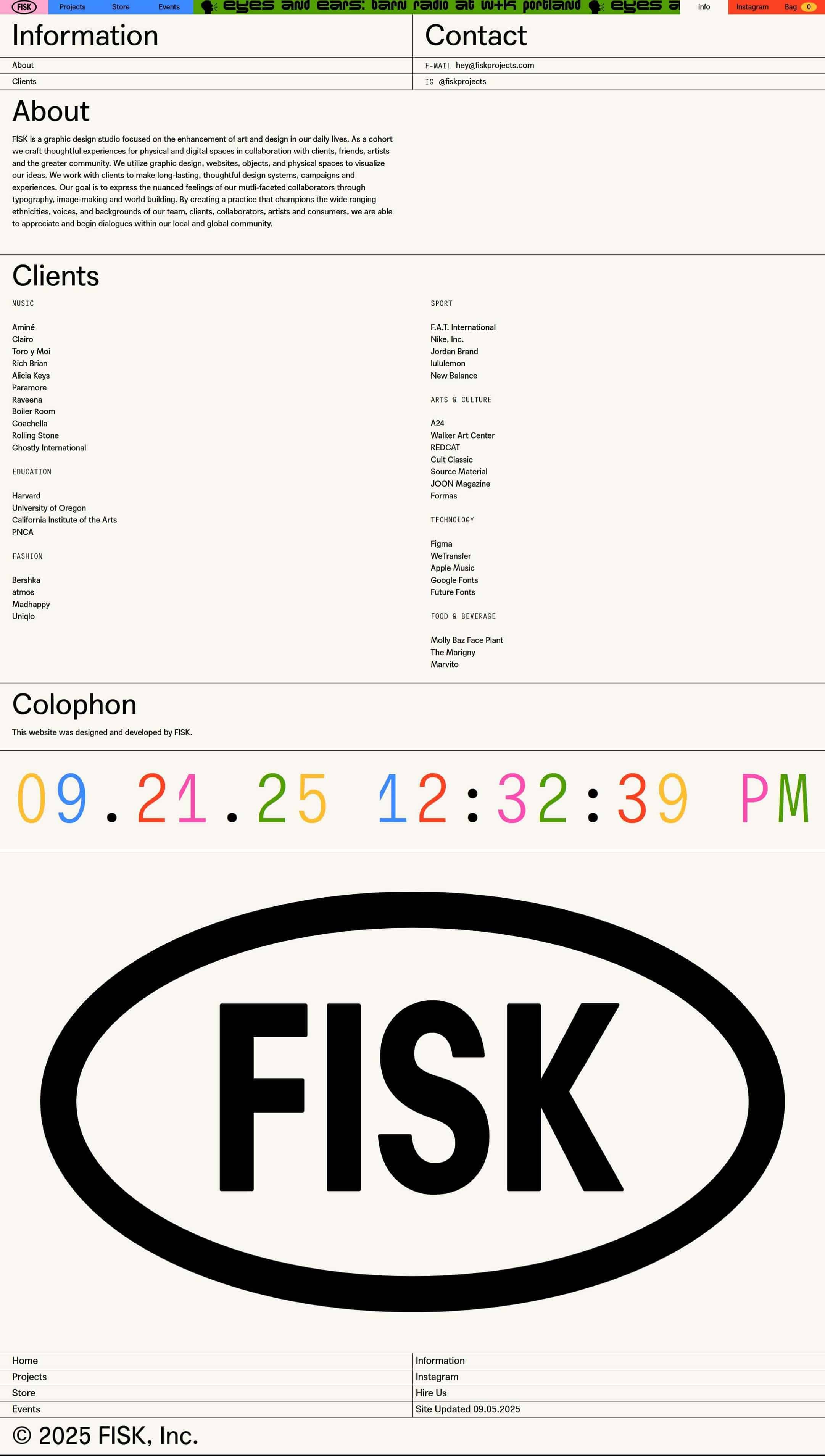 Minimalist web page with Information and Contact headings, about text, multi-column client list, colophon, colored digital time row, and a large oval logo visible below.