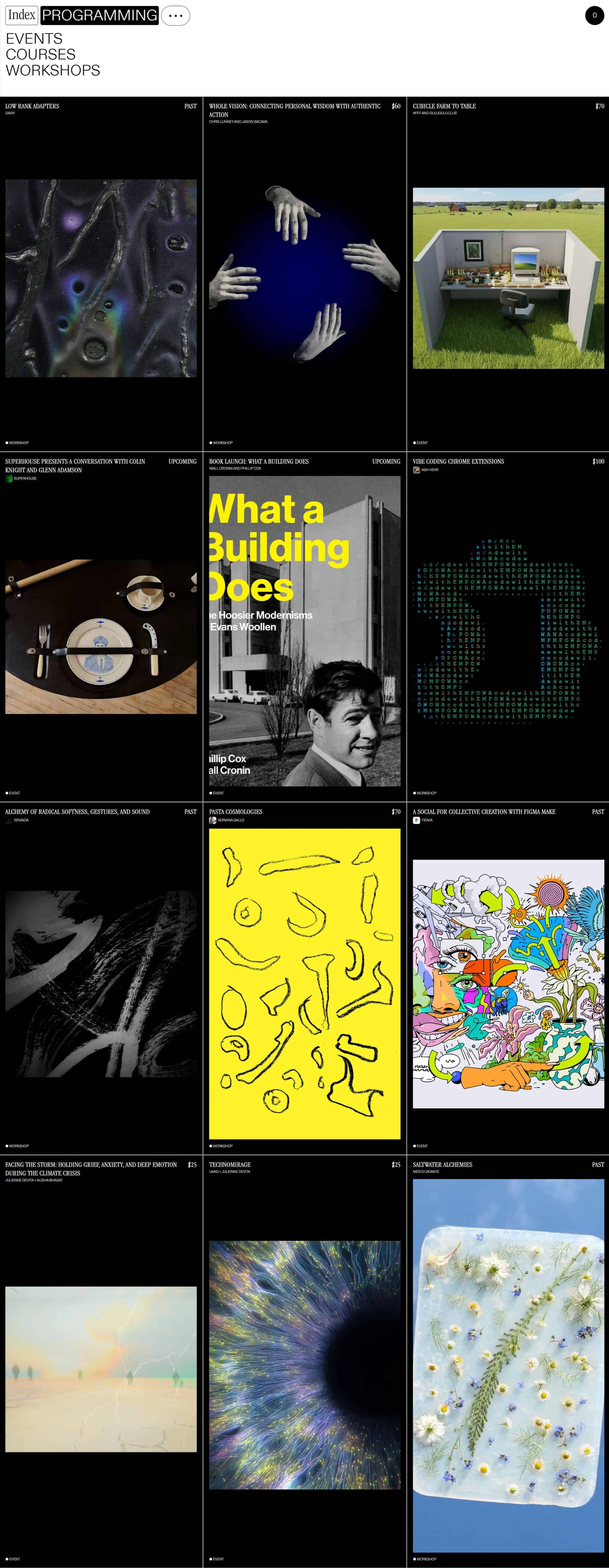 A grid of event posters and book covers in a dark gallery layout with white borders and small caption lines at the bottom of each tile.