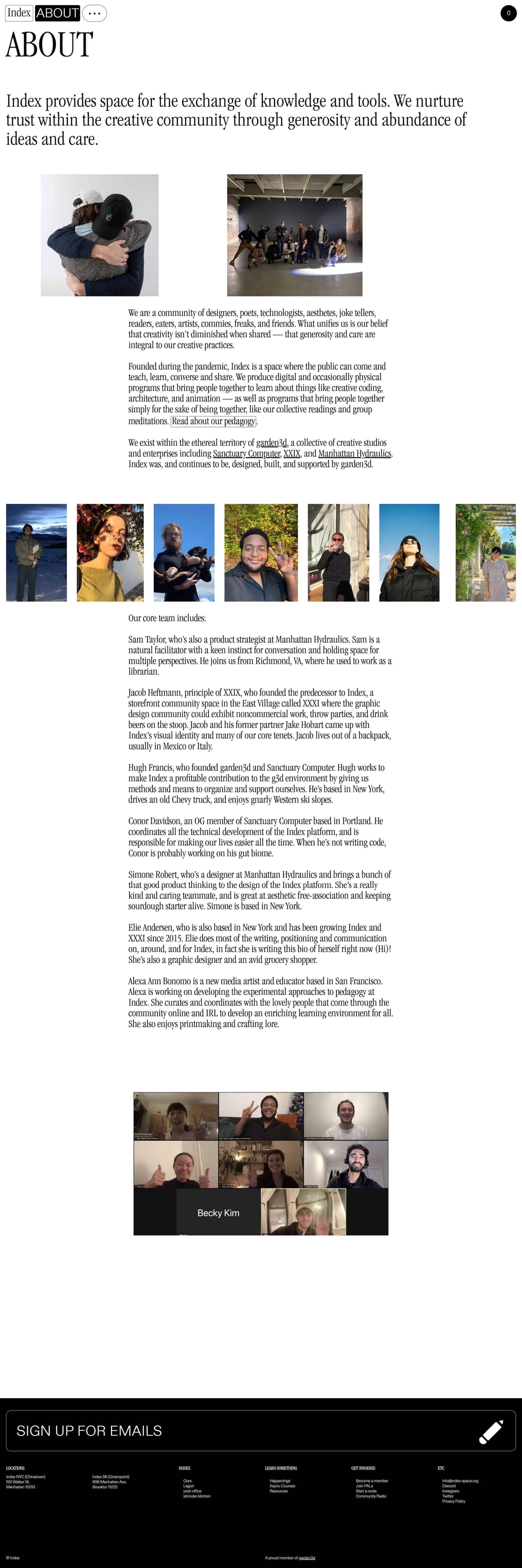 Minimal black-and-white about page with a large serif title, two photos, and a column of team biographies.