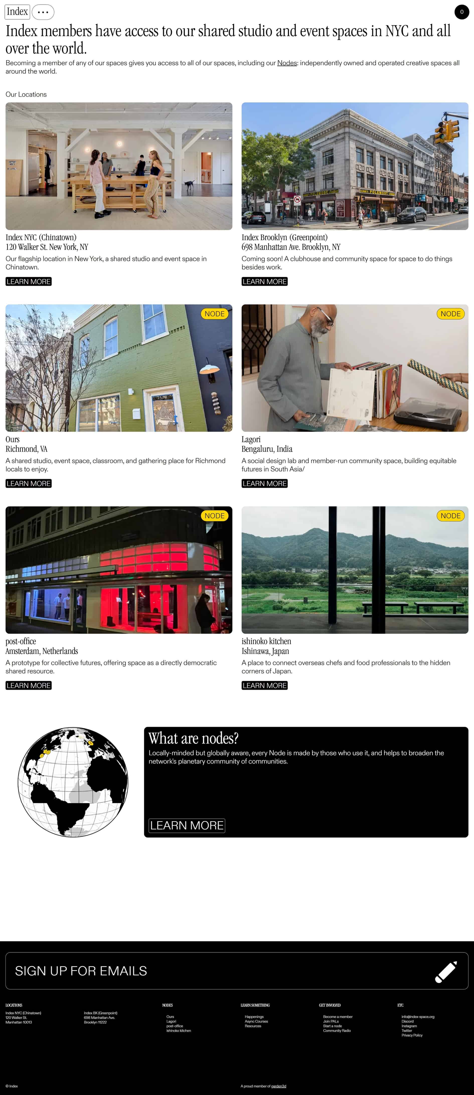 A grid of six location cards featuring interior studios and streets with bold typography and rounded image corners.
