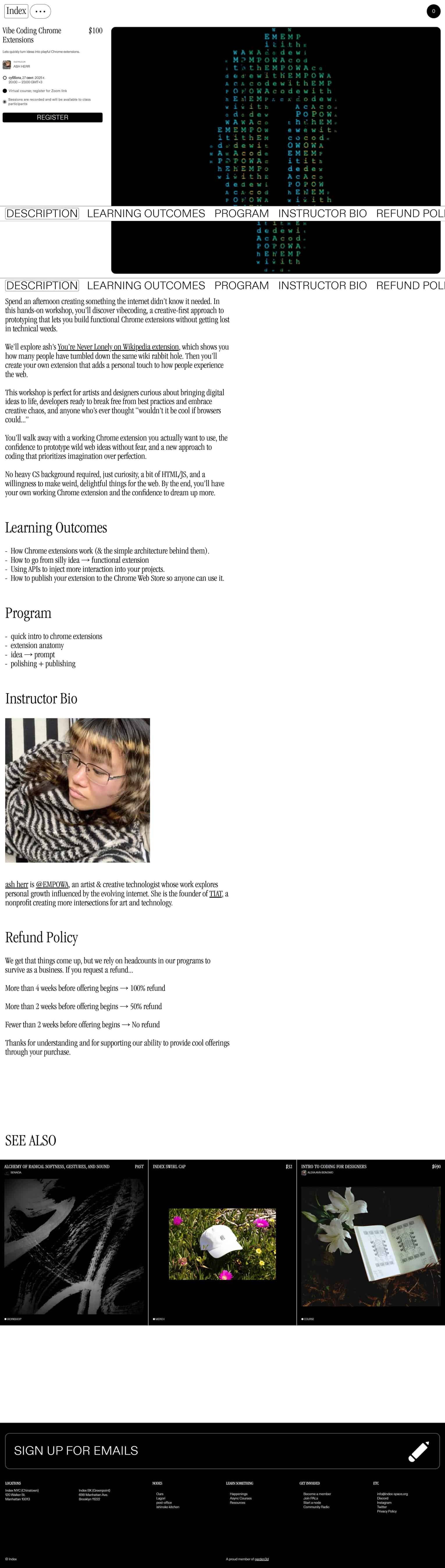 Single-column workshop page with a large dark code-art banner, left registration sidebar, tabs, details, and instructor photo.