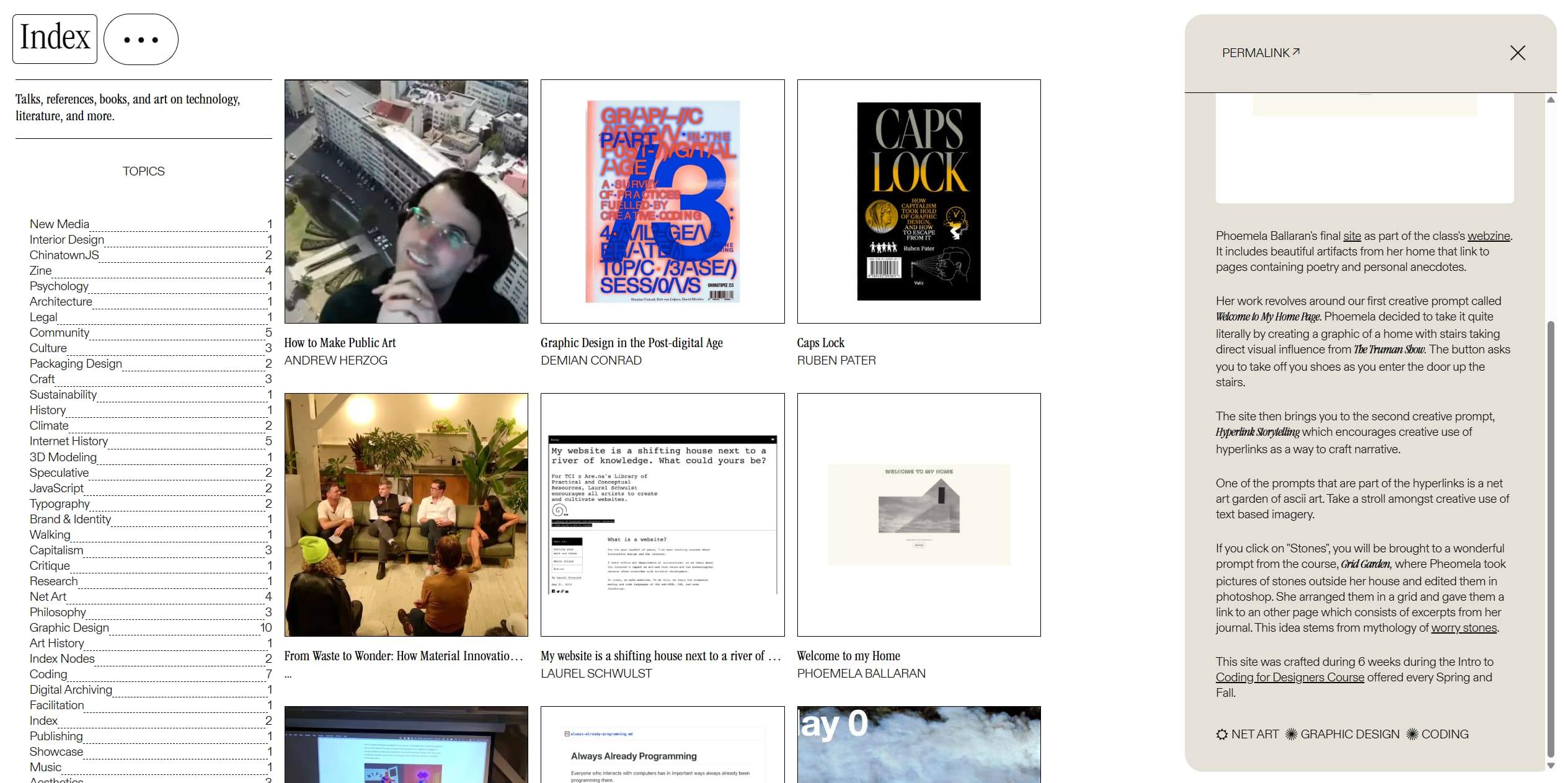 Three-column webpage with left index, central thumbnail grid, and right article panel.