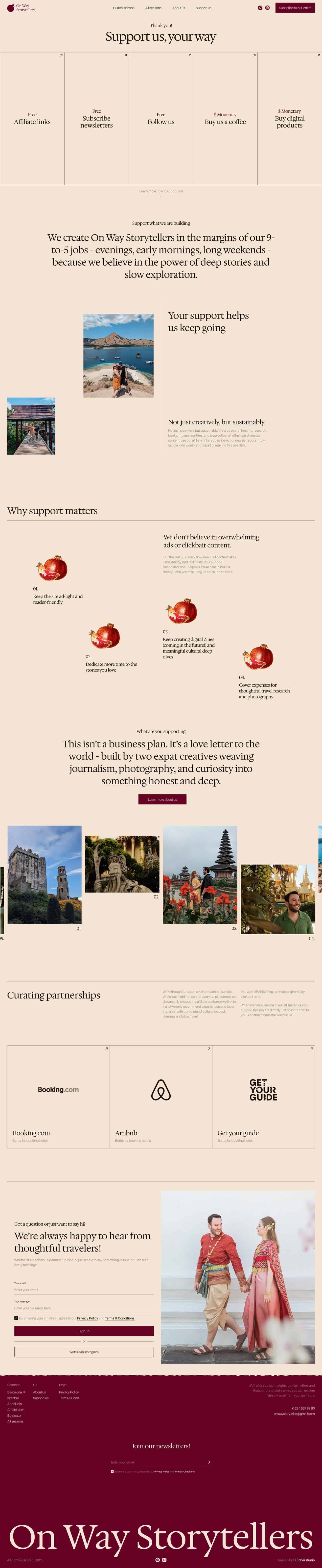 A webpage layout featuring a beige background with a header, multiple content sections, columns, and images of landscapes and people, plus a footer area.