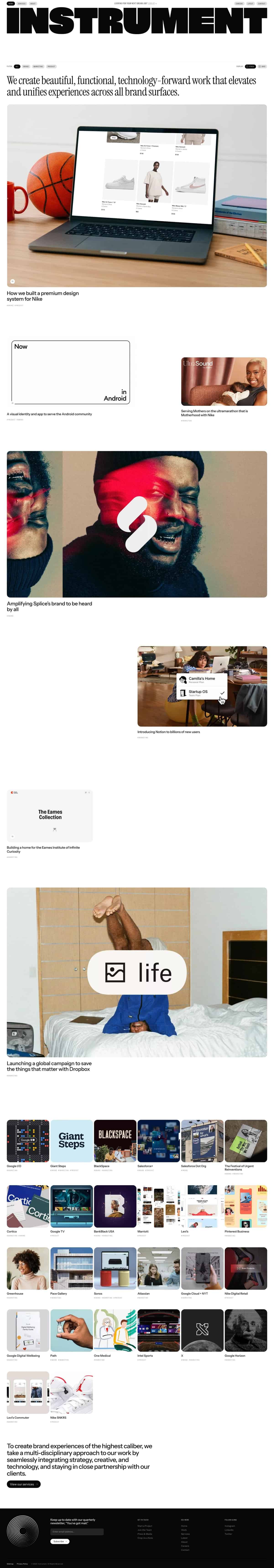 A collage of website design visuals including a laptop mockup, product imagery, and grid thumbnails representing a portfolio of technology-forward branding work.