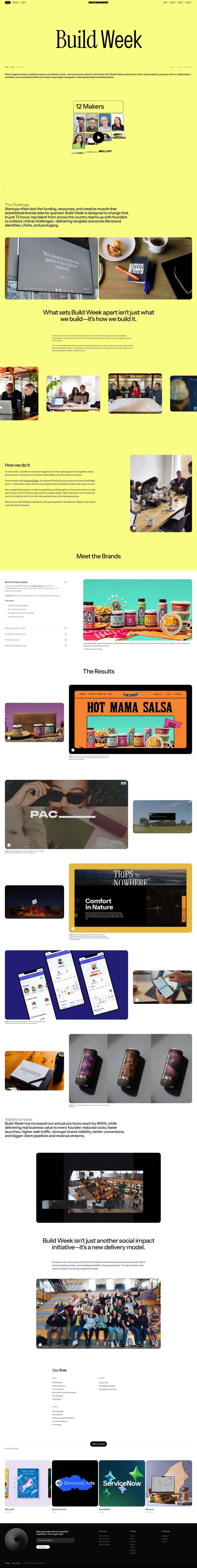 Website landing page with a bright yellow background featuring a large 'Build Week' heading, thumbnail gallery, and multiple project image sections.