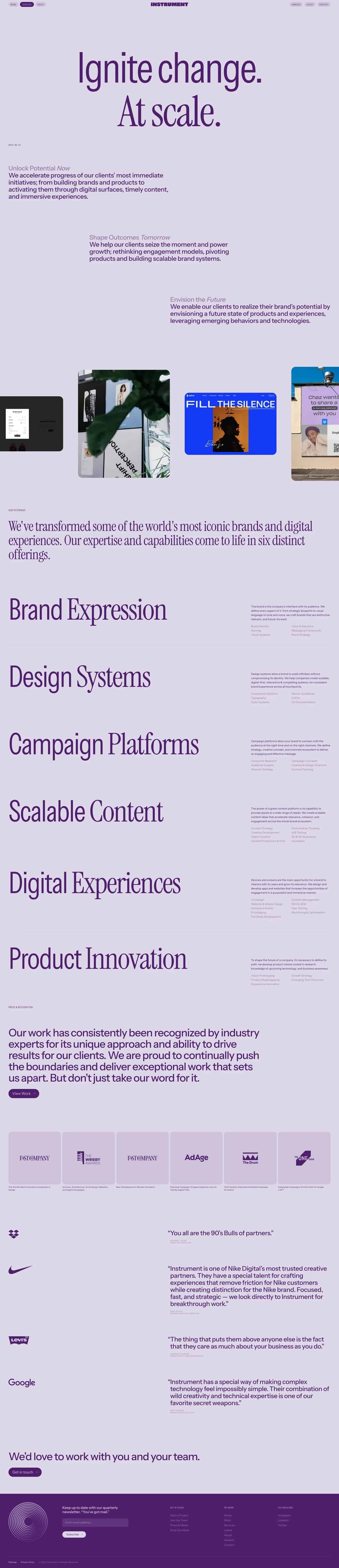 Minimal agency homepage with large purple headline and service list on pale background.