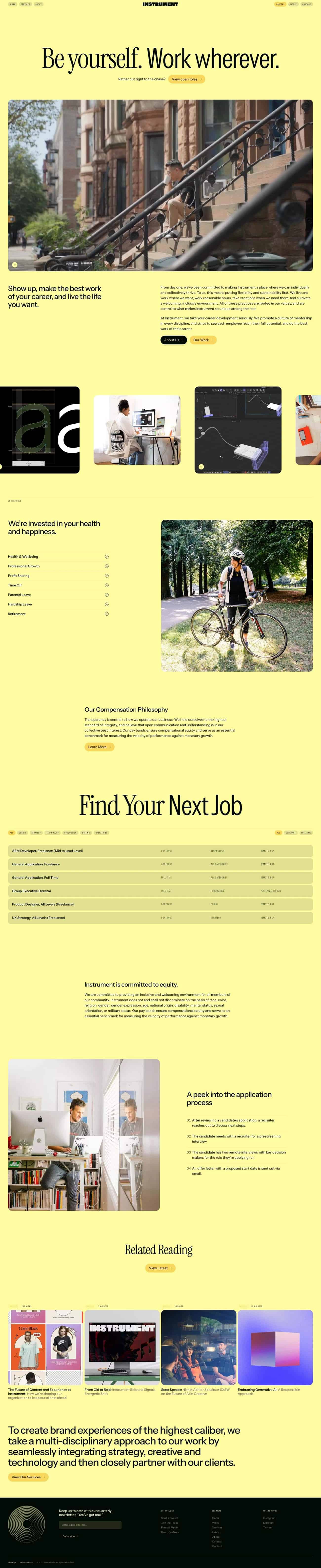 Single-page careers site with pale yellow background and hero photo of a person on steps, image grid, and job listings section.