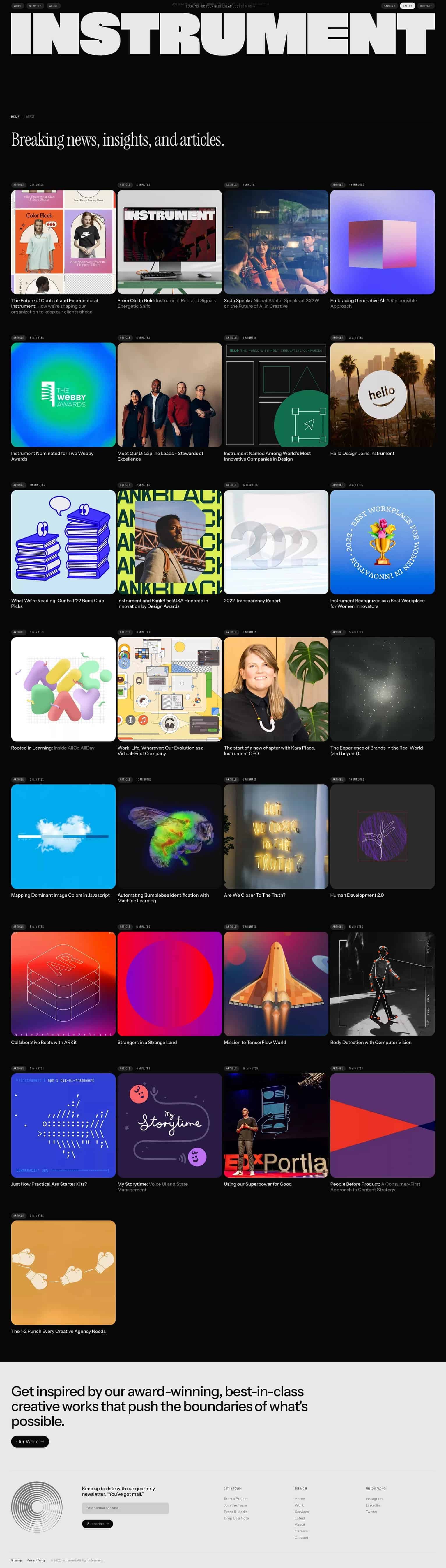 A grid of dark tiles showcases various design case studies and articles, with bold white typography at the top and a large logo-like header text reading Instrument.