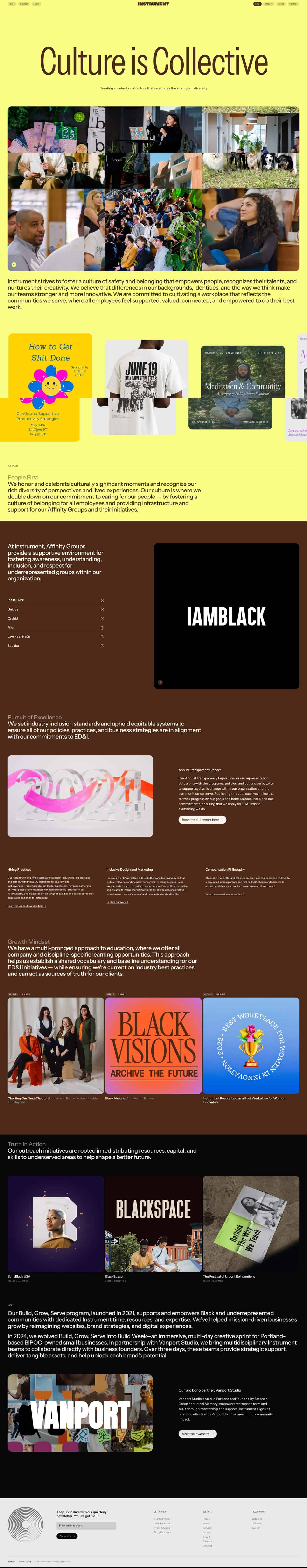 A vibrant yellow homepage with a large title Culture is Collective and a collage of images showing people, design, and community activities.