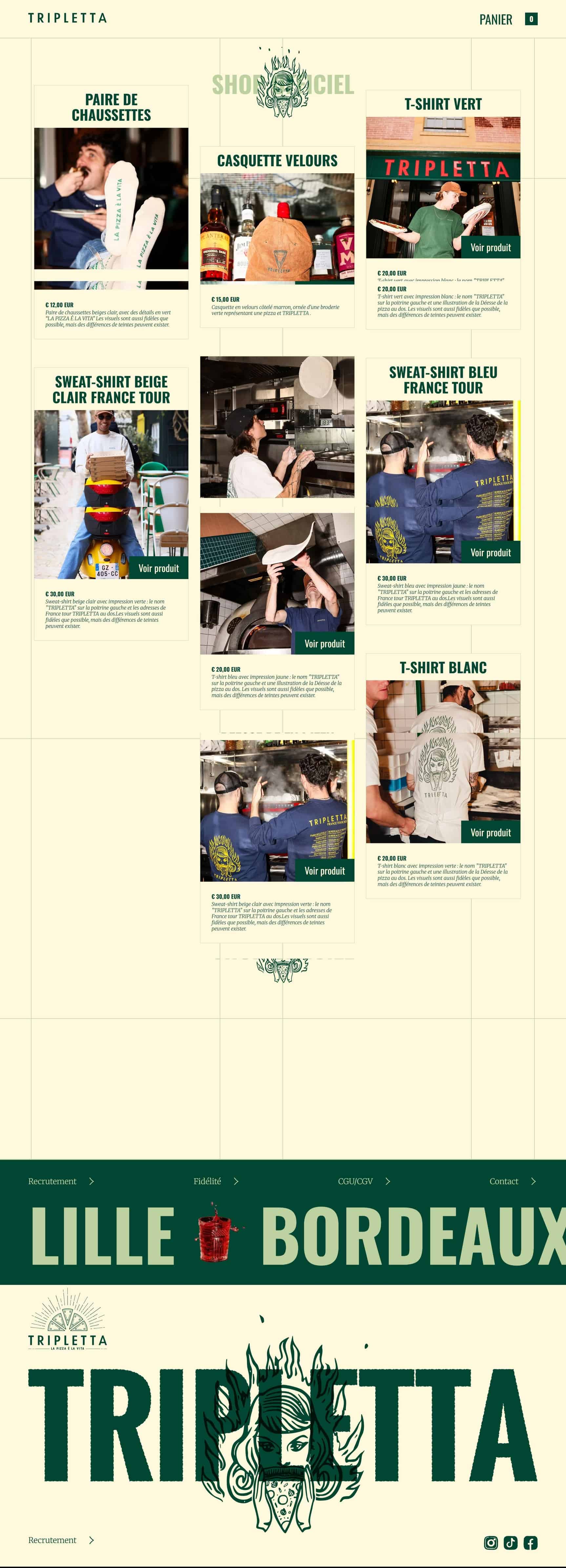 A collage of product cards laid out in a grid featuring shirts, caps, and accessories with bold typography labels and product images.