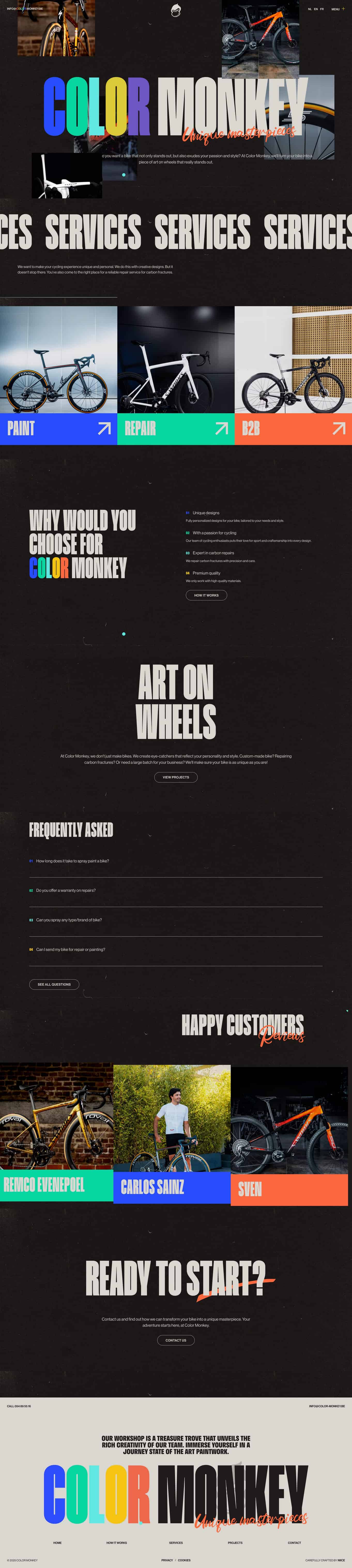 Dark textured studio homepage with colorful wordmark and bike service tiles.