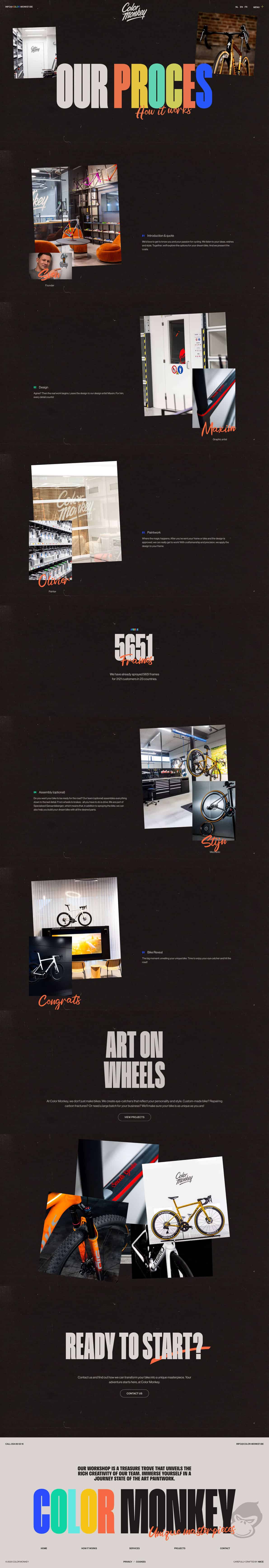 Long single-page design with large colorful heading, multiple photos of bikes and studio spaces, and bold section headers.