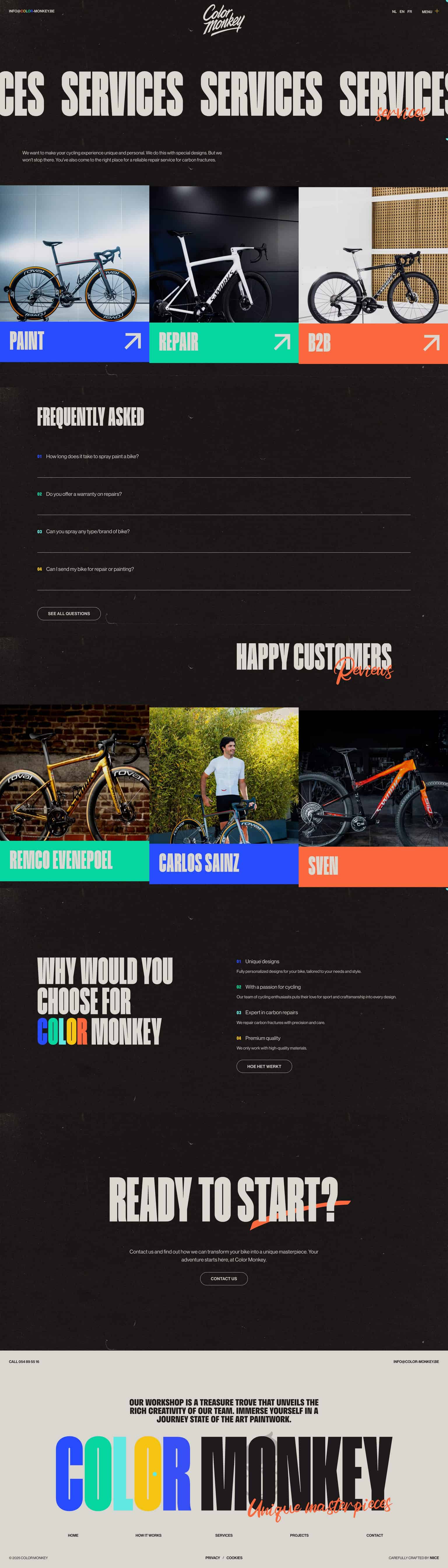 A long vertical homepage layout featuring a bold, dark UI with large bicycle images, colored category bars for Paint, Repair, and B2B, and sections for FAQs and testimonials.