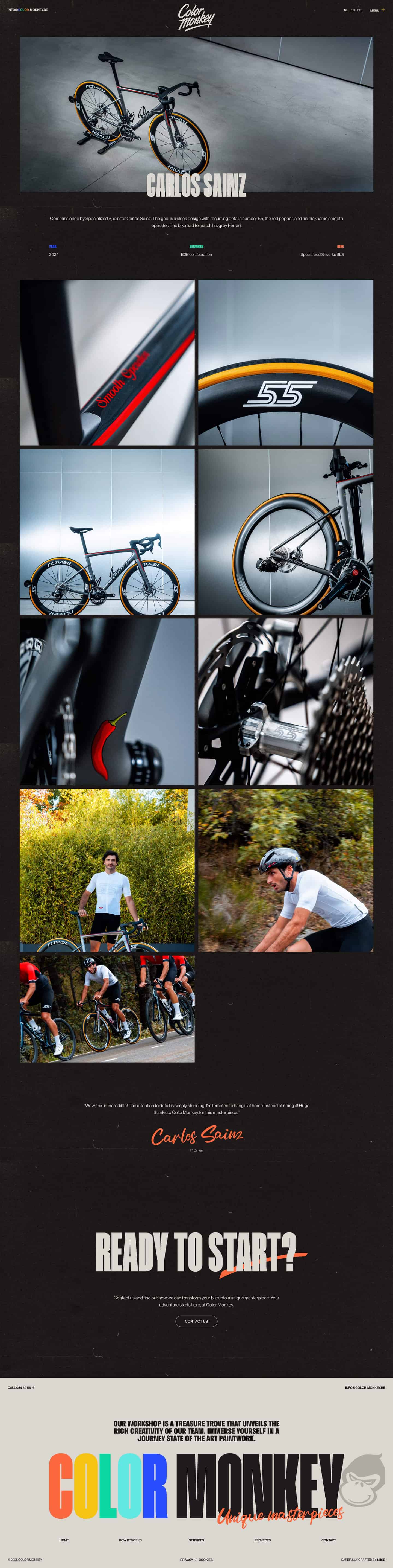 Dark portfolio webpage showing a branded road bicycle with close-up detail photos and rider images arranged in a grid.