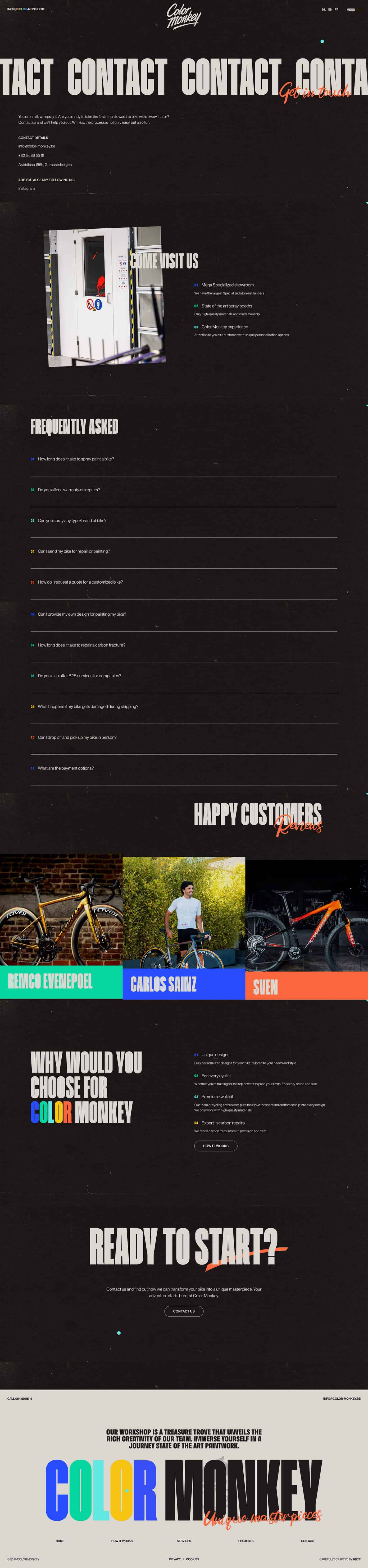 Dark contact page with large repeating header, contact details, FAQ list, and customer photos.