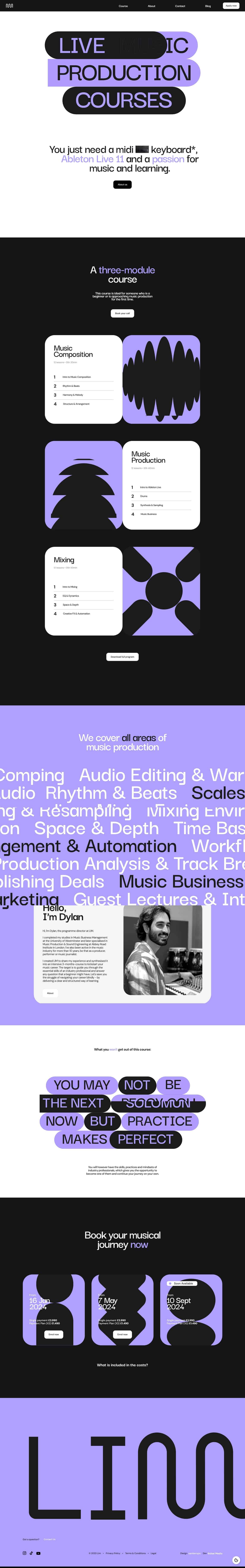 A homepage hero features stacked rounded shapes in black and lavender with bold text reading LIVE PRODUCTION COURSES, followed by a descriptive section about music and learning.