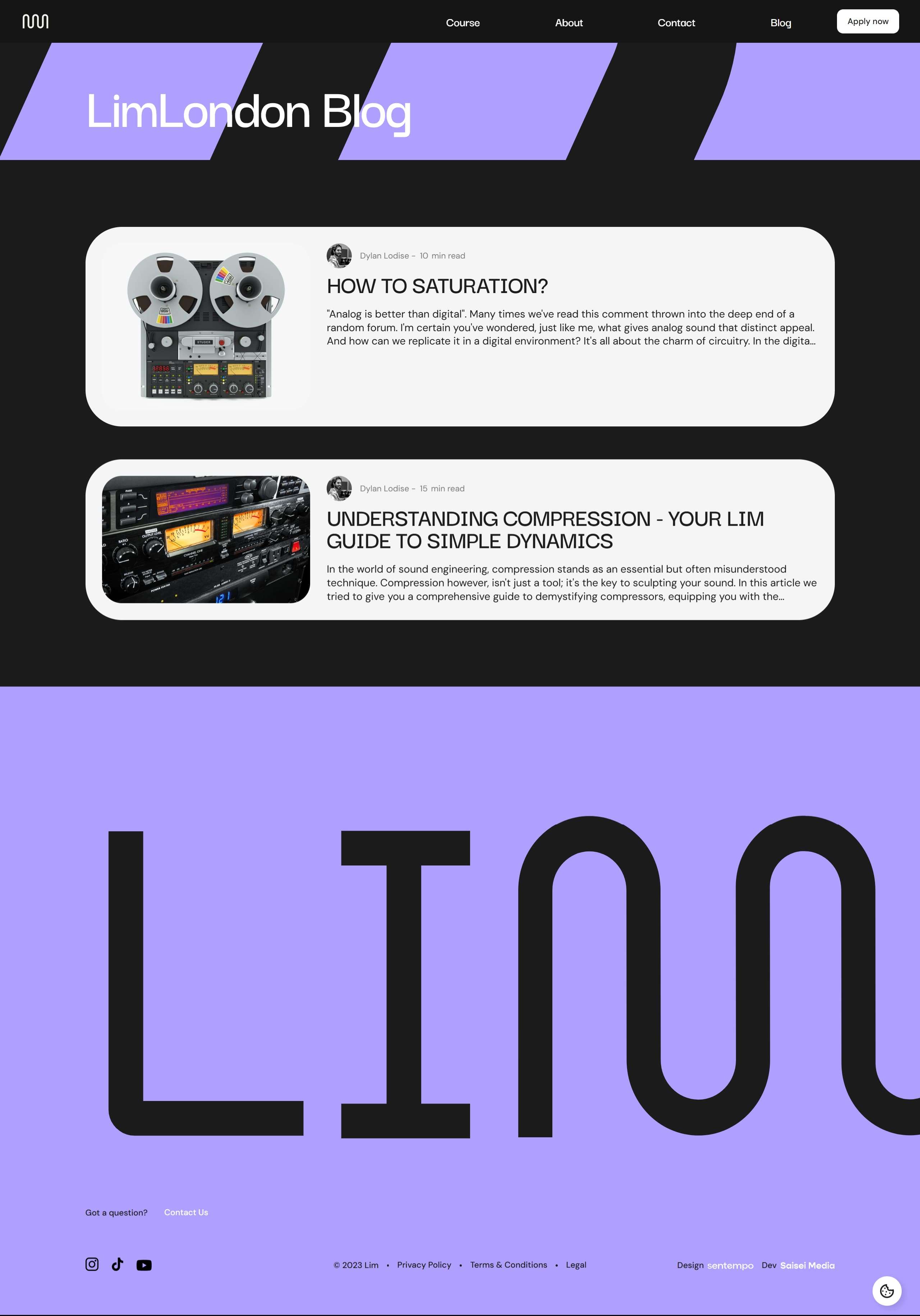 A blog homepage with a dark background, purple decorative shapes, and rounded white cards displaying article previews with images and text excerpts.